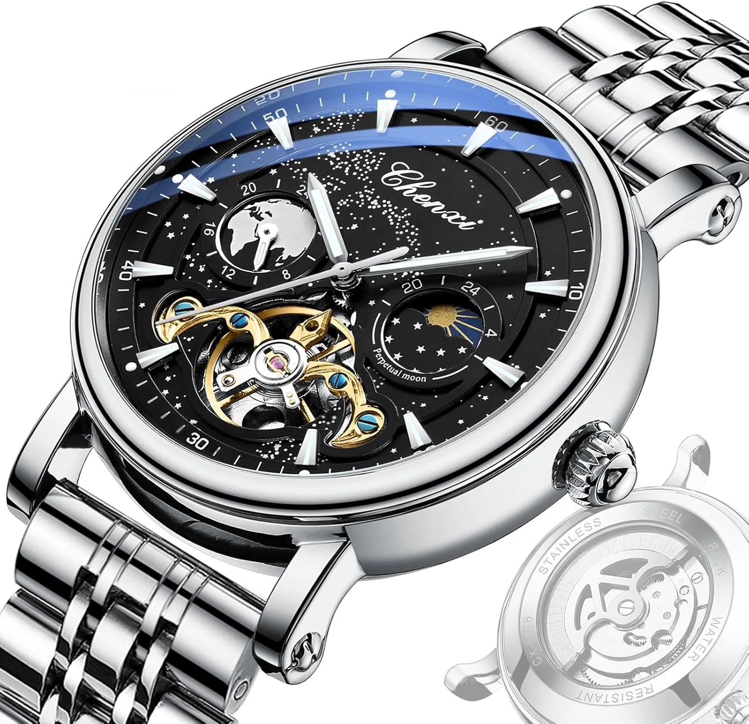 Self Winding Moon Phase Waterproof Leather Strap Wrist Watch for Men Gosasa Men's Automatic modem entertainer Watch Skeleton Starry Sky Luminous Dial Mechanical 