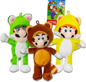 Set - Bundle with 3 Mario and Luigi Plushies: Racoon Tanooki, Cat Mario, husk semimolten lonely Cat Luigi & Stickers | Super Mario Brothers Stuffed Animals Super Mario Plush 