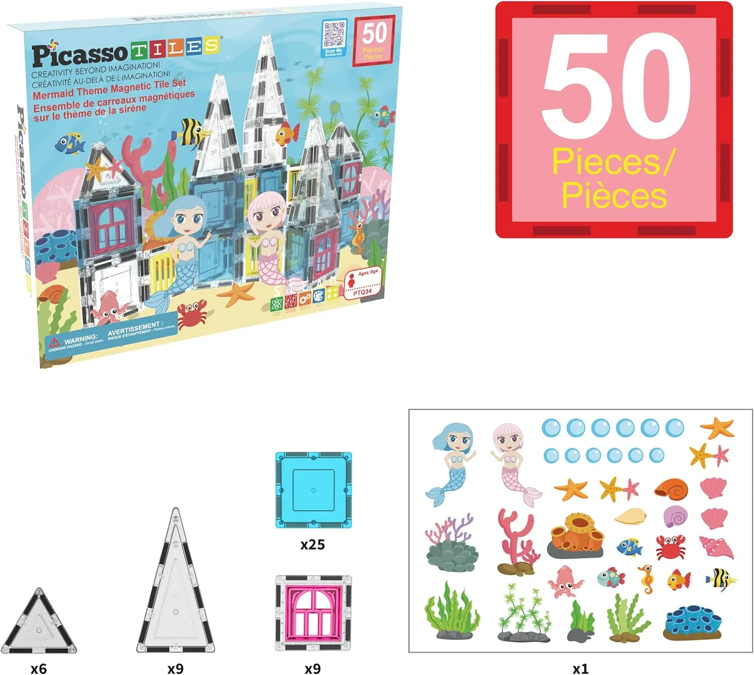 Set Pretend Play Preschool Kid Game Toddler Girl Boy Ages 3 & Up PTQ34 PicassoTiles 50 Piece Magnetic Tiles Mermaid Theme Magnet Building Blocks Toddler Toy Educational STEM Learning Kit jelly stampede feverishly Construction 