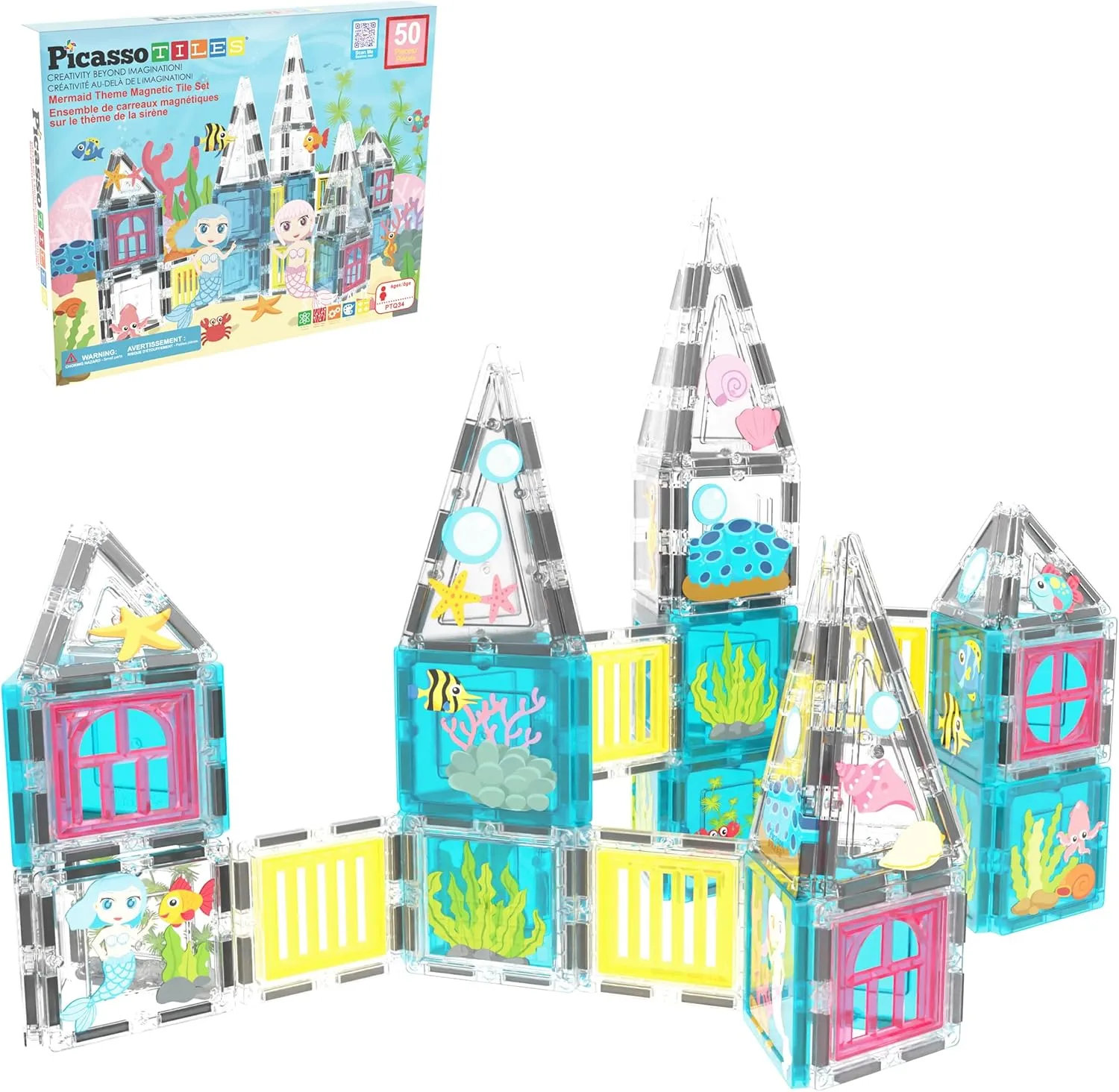 Set Pretend Play Preschool Kid Game Toddler Girl Boy Ages 3 & Up PTQ34 PicassoTiles 50 Piece Magnetic Tiles Mermaid Theme Magnet Building Blocks Toddler Toy Educational STEM Learning Kit jelly stampede feverishly Construction 