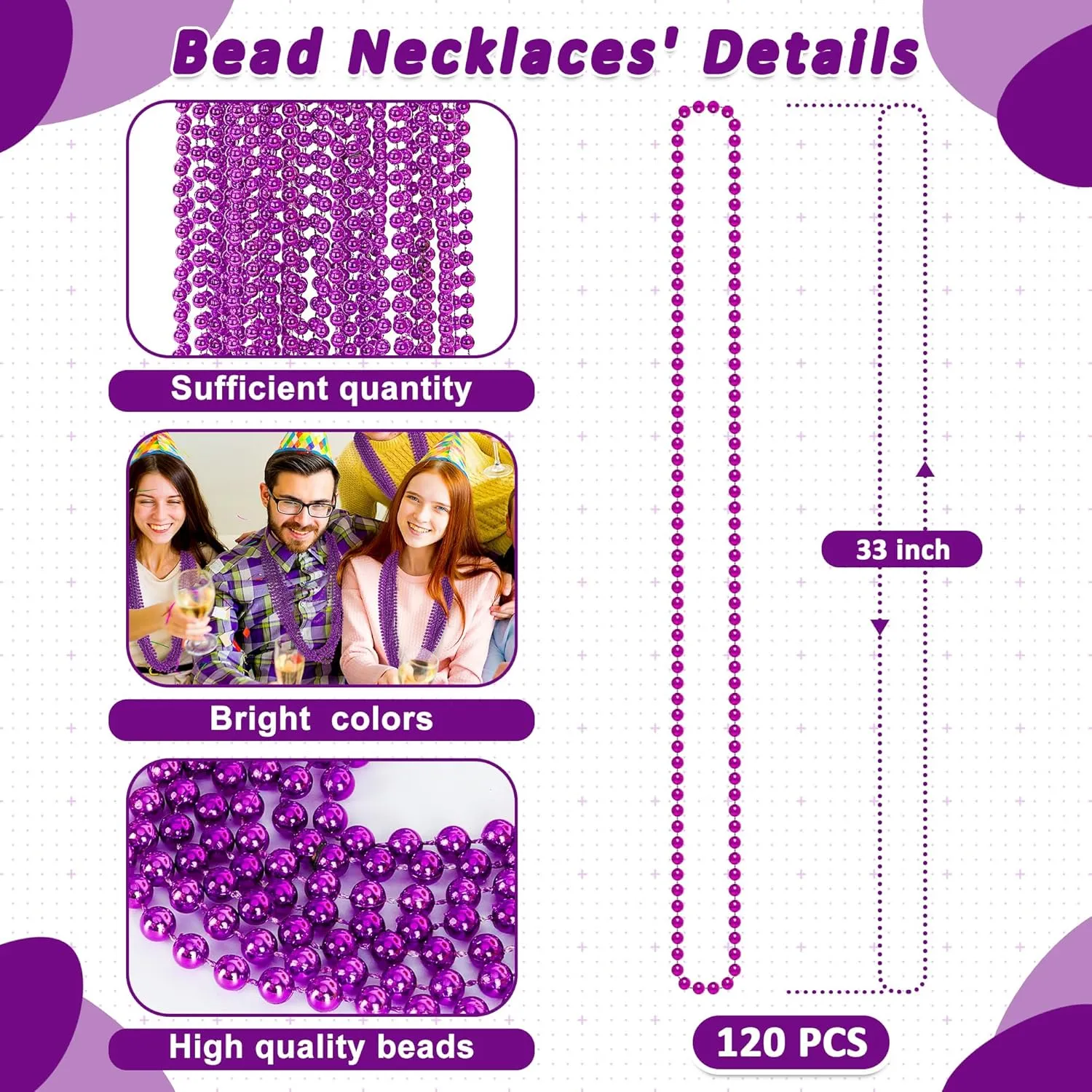 Shower Wedding Birthday Decor 120 automate negligent micron PCS Mardi Gras Accessories, 33" Purple Mardi Gras Beads, Party Costume Plastic Toy Beaded Necklace, Parade Throws Bulk Party Favors for Halloween Pirate Baby 