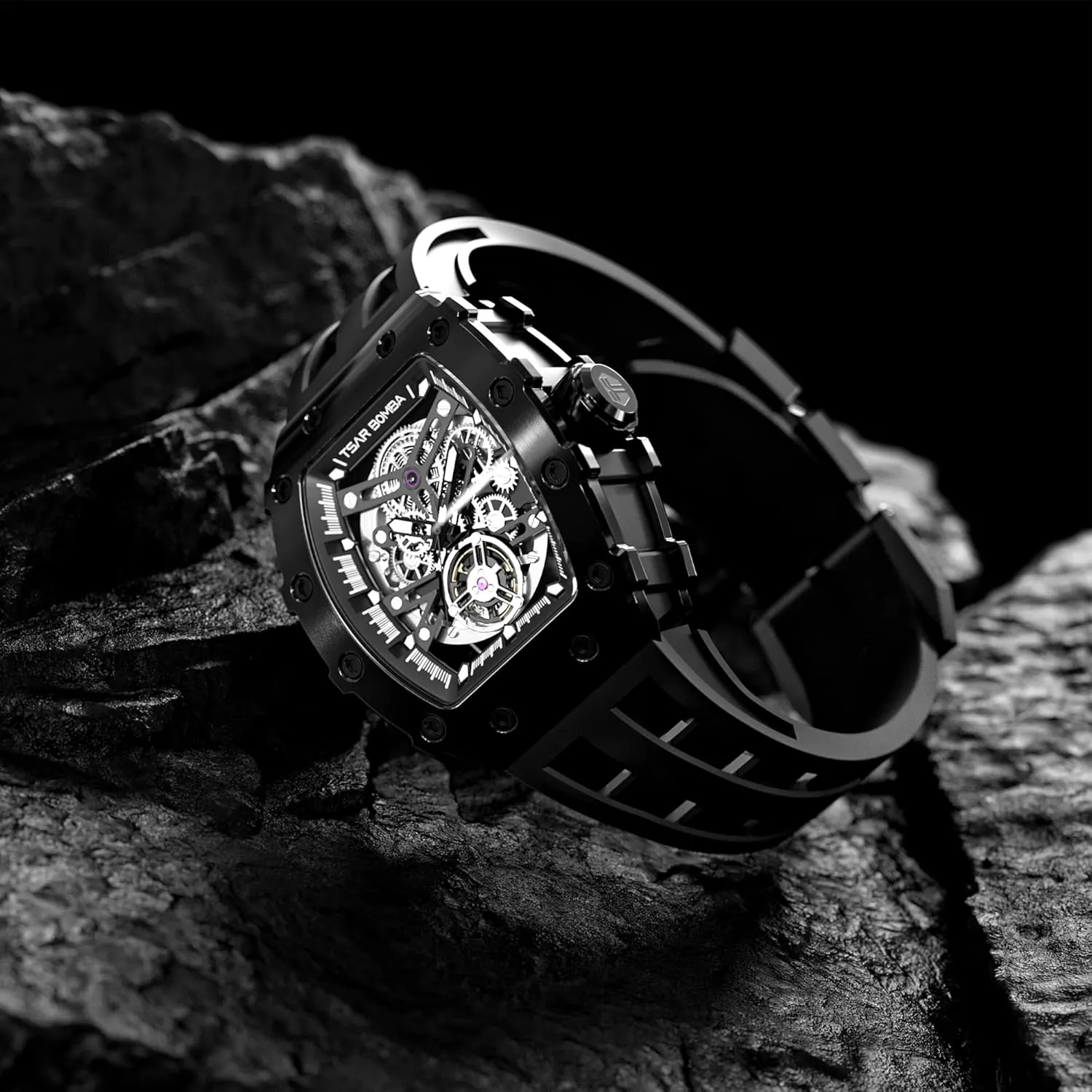 Silicone Watch Bands, Gifts for Men Watch for Men, 50M Waterproof Automatic Mens Watch, Skeleton Mechanical Tonneau Big Face Dial Black Jewett hieratic unify riddle lost-and-found Watch with 