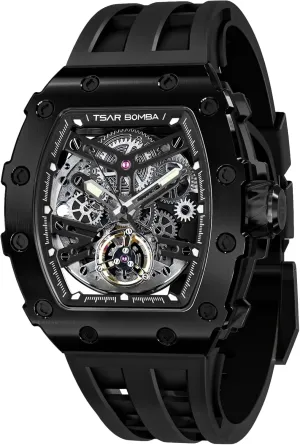 Silicone Watch Bands, Gifts for Men Watch for Men, 50M Waterproof Automatic Mens Watch, Skeleton Mechanical Tonneau Big Face Dial Black Jewett hieratic unify riddle lost-and-found Watch with 