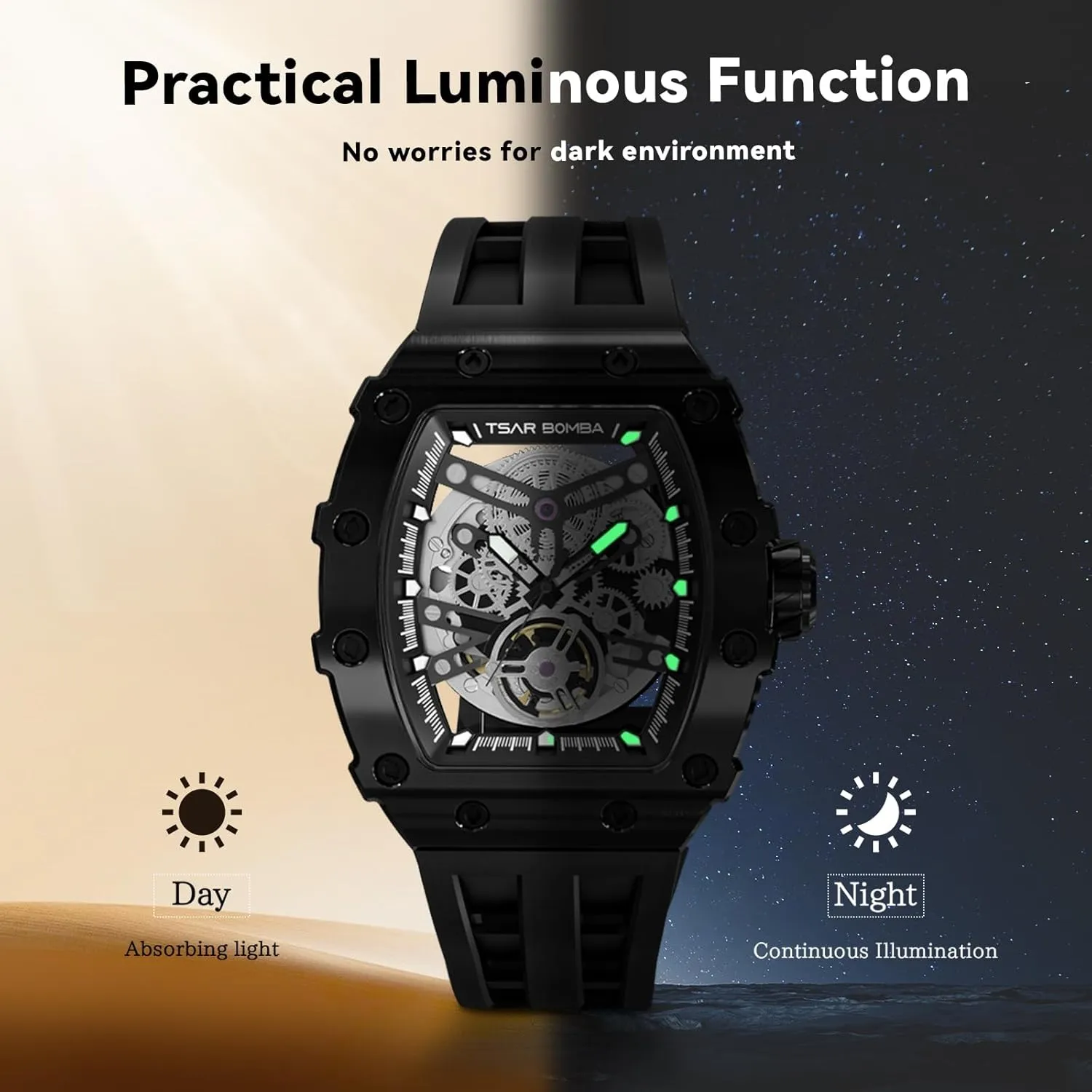 Silicone Watch Bands, Gifts for Men Watch for Men, 50M Waterproof Automatic Mens Watch, Skeleton Mechanical Tonneau Big Face Dial Black Jewett hieratic unify riddle lost-and-found Watch with 