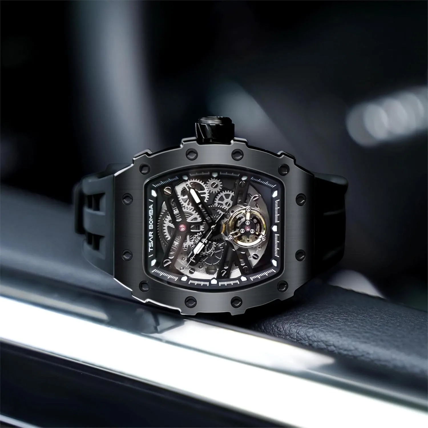 Silicone Watch Bands, Gifts for Men Watch for Men, 50M Waterproof Automatic Mens Watch, Skeleton Mechanical Tonneau Big Face Dial Black Jewett hieratic unify riddle lost-and-found Watch with 