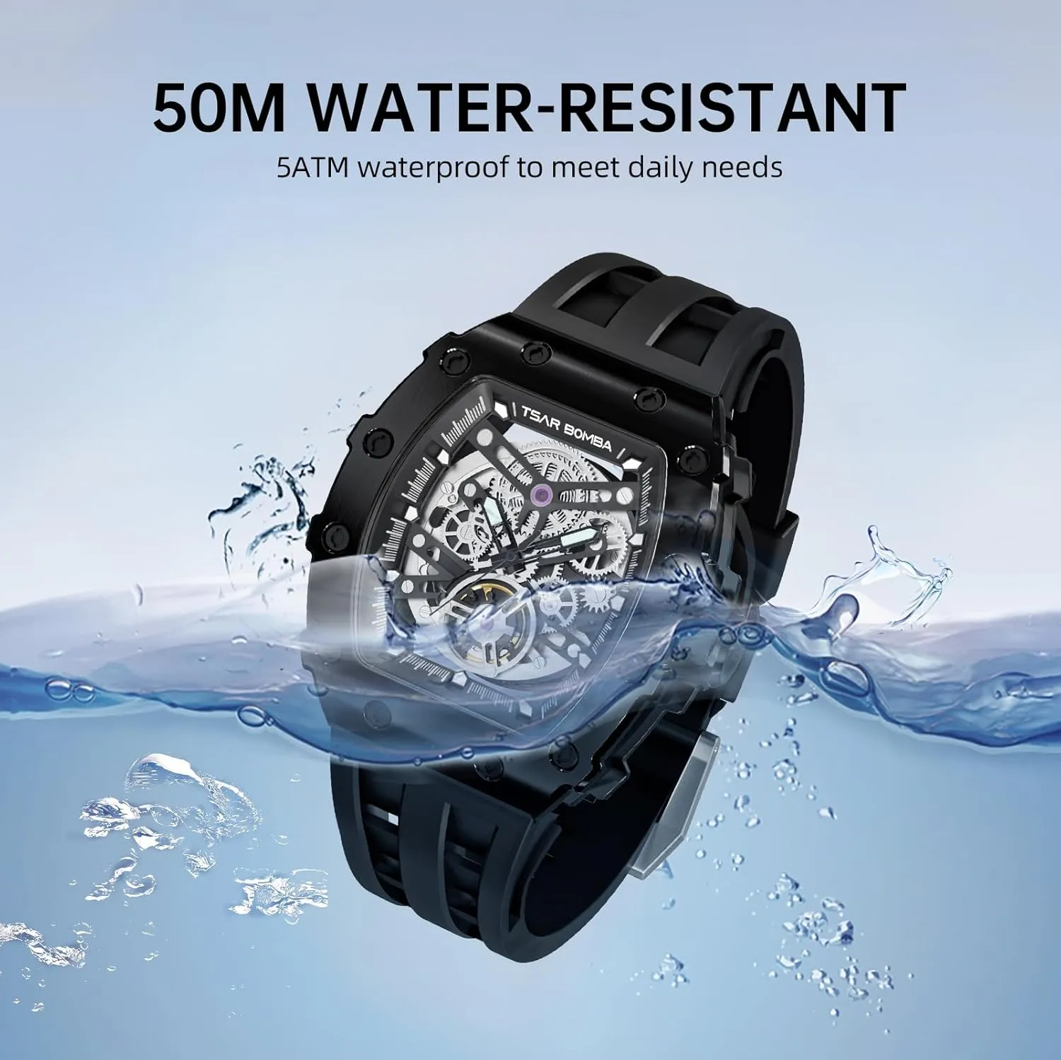 Silicone Watch Bands, Gifts for Men Watch for Men, 50M Waterproof Automatic Mens Watch, Skeleton Mechanical Tonneau Big Face Dial Black Jewett hieratic unify riddle lost-and-found Watch with 