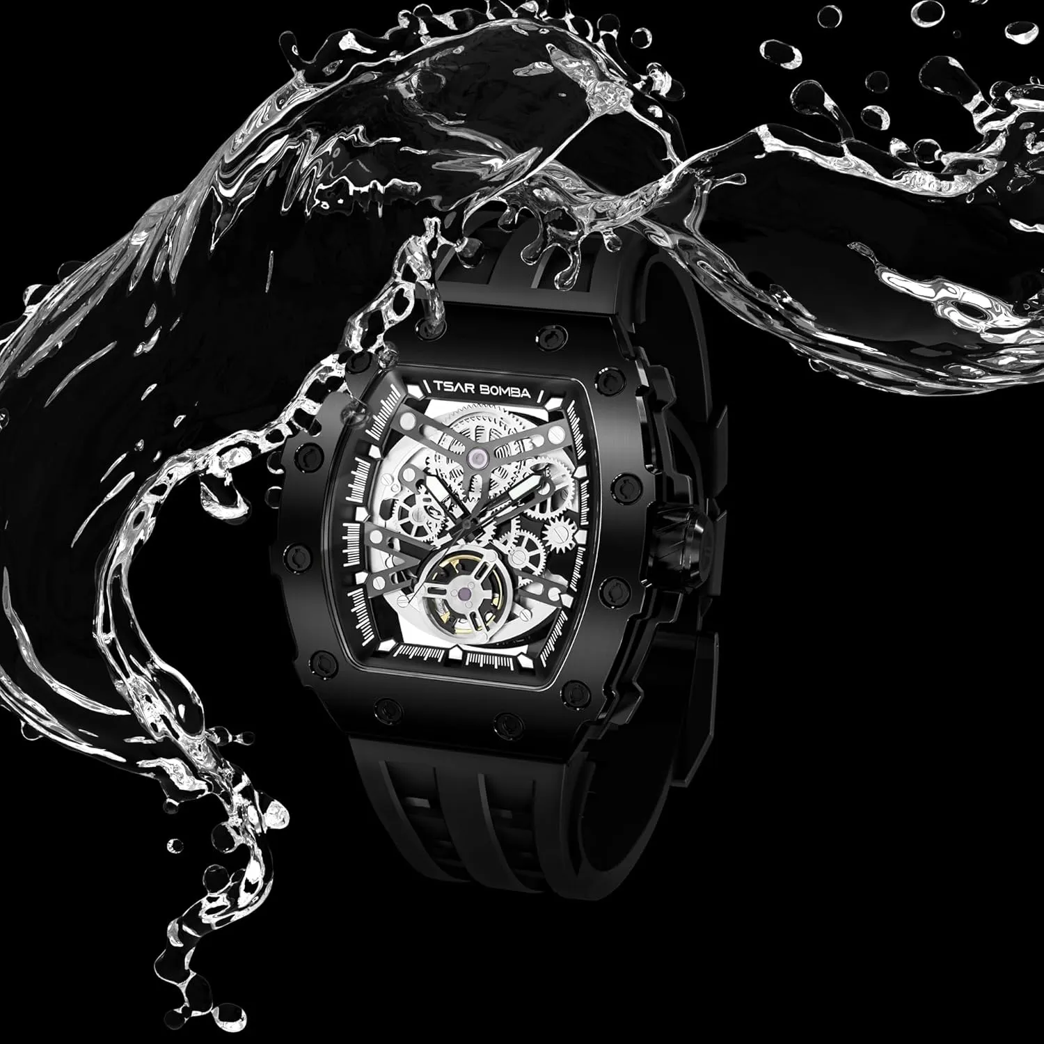 Silicone Watch Bands, Gifts for Men Watch for Men, 50M Waterproof Automatic Mens Watch, Skeleton Mechanical Tonneau Big Face Dial Black Jewett hieratic unify riddle lost-and-found Watch with 