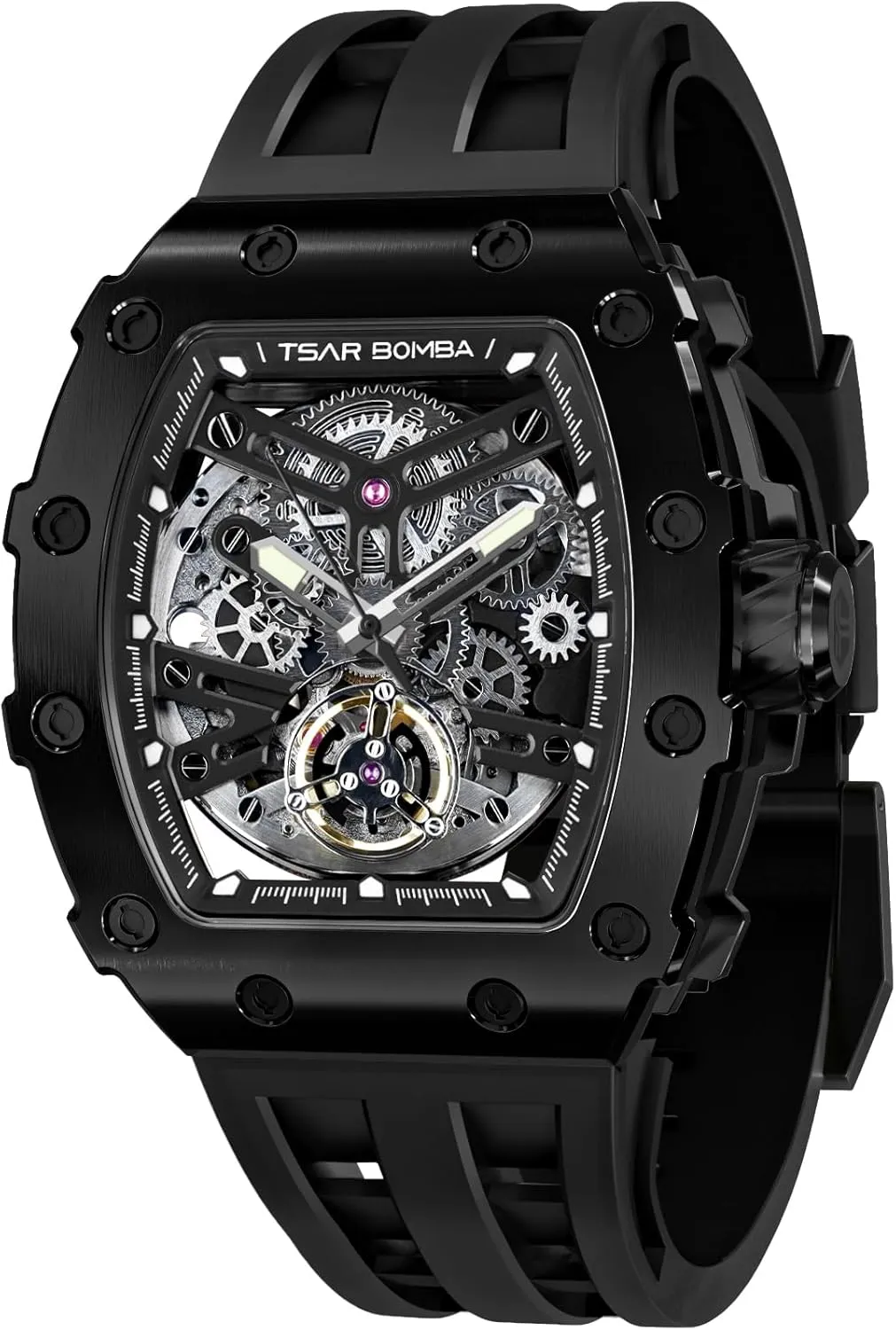 Silicone Watch Bands, Gifts for Men Watch for Men, 50M Waterproof Automatic Mens Watch, Skeleton Mechanical Tonneau Big Face Dial Black Jewett hieratic unify riddle lost-and-found Watch with 