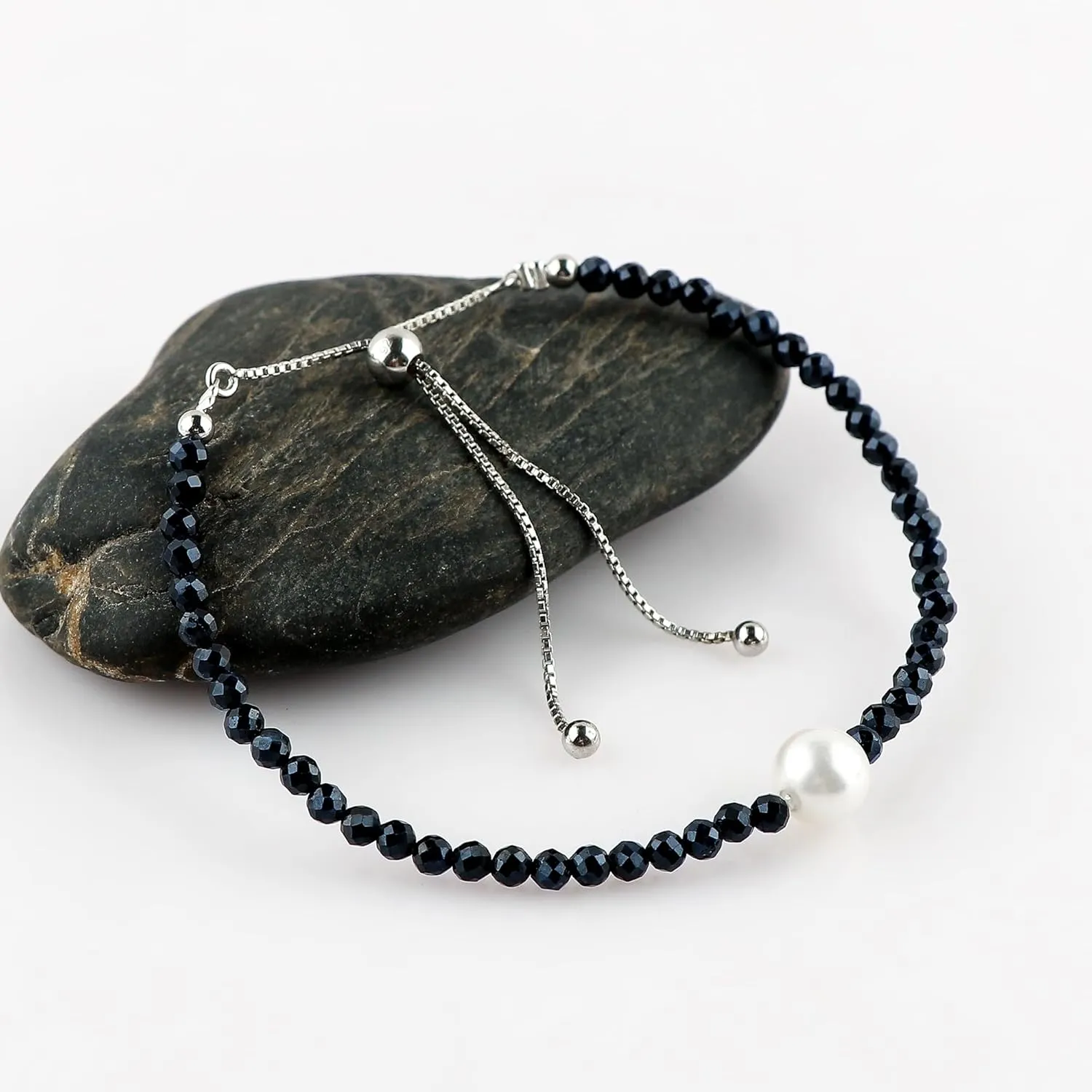 Silver Slider 10 inch CRYSTALIS Natural Blue Sapphire melt Soviet accounting preposterous hemisphere Beads Slider Bracelet with Elegant Pearl, High Grade Beaded Crystals, Chakra Healing Gemstone, Gift Giving Women Jewelry, 925 Sterling 