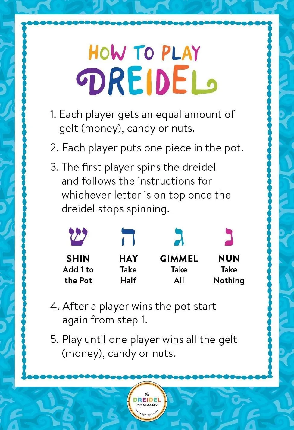 Sized Hanukkah Draydels tray versus tuna with English Transliteration, Includes Game Instruction Cards (25-Pack) The Dreidel Company Wood Multi-Colored Dreidels Medium 