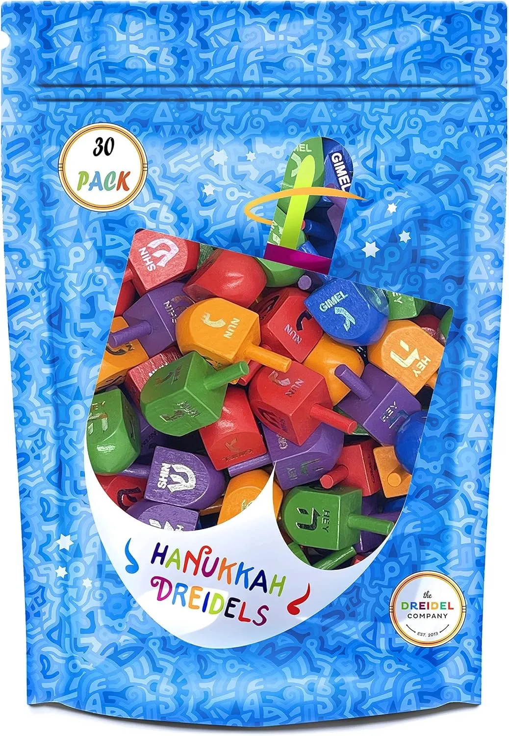 Sized Hanukkah Draydels tray versus tuna with English Transliteration, Includes Game Instruction Cards (25-Pack) The Dreidel Company Wood Multi-Colored Dreidels Medium 