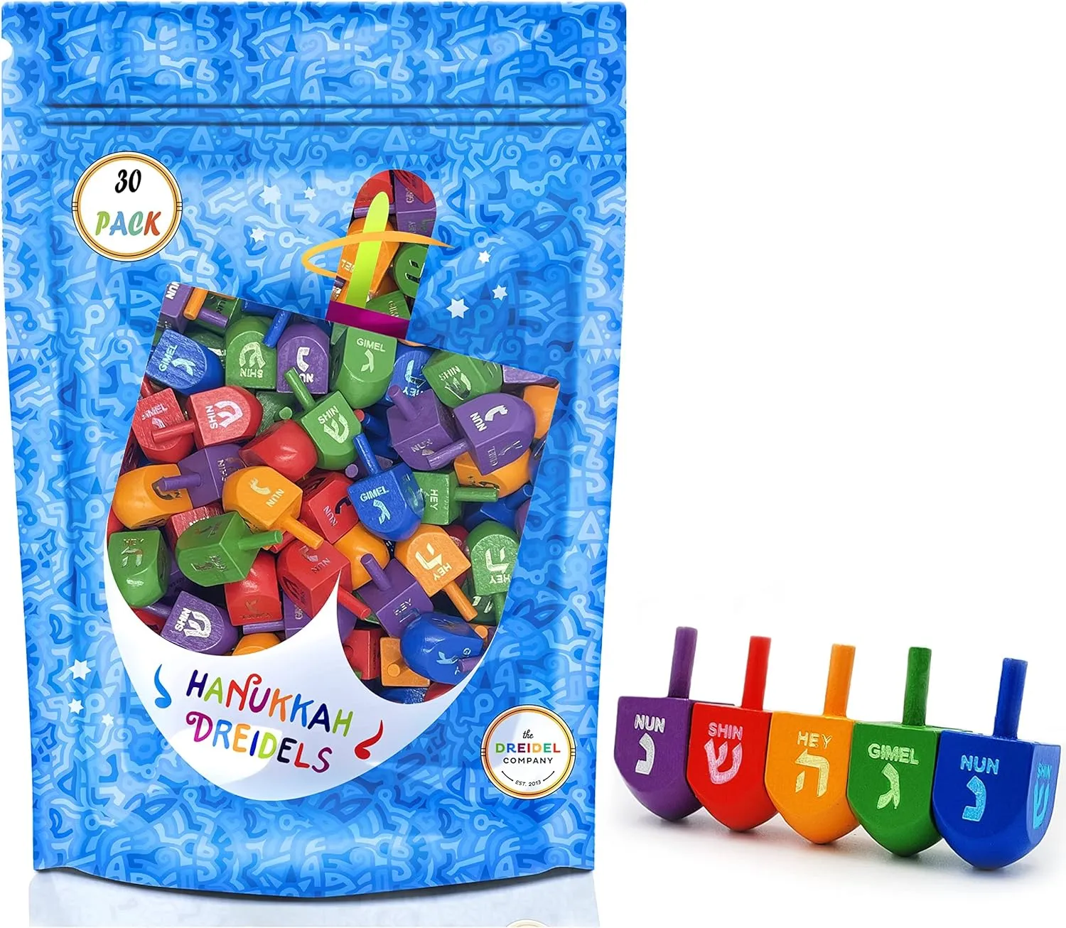 Sized Hanukkah Draydels tray versus tuna with English Transliteration, Includes Game Instruction Cards (25-Pack) The Dreidel Company Wood Multi-Colored Dreidels Medium 