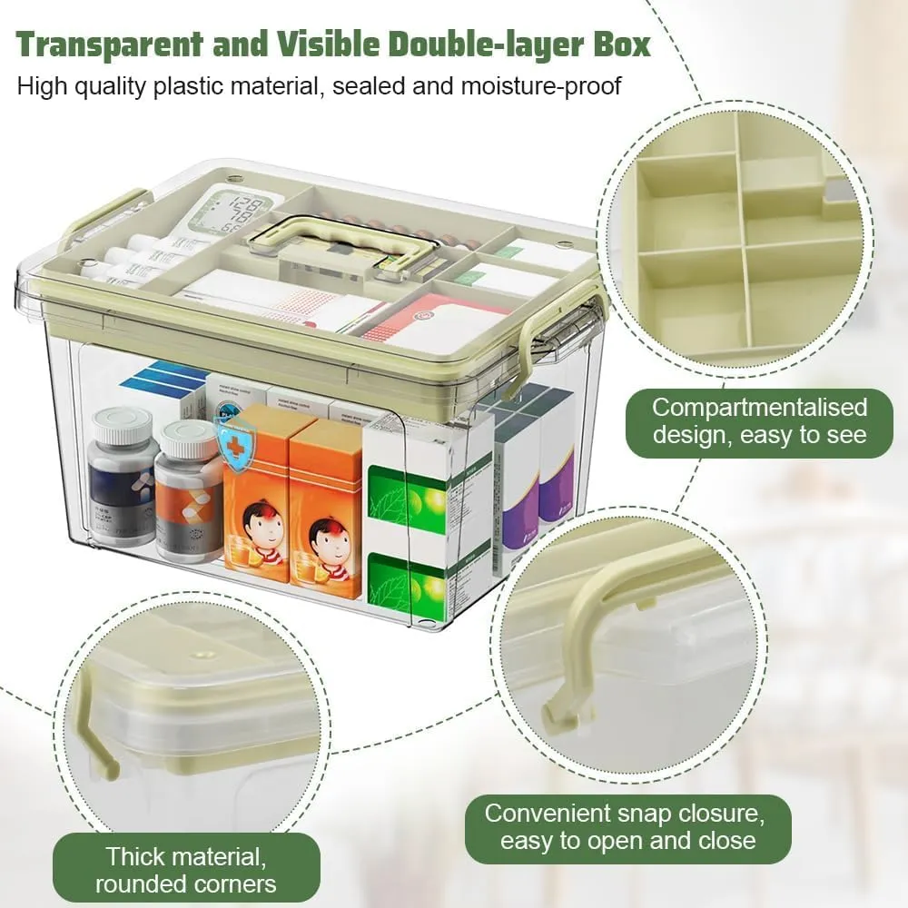 SKY-TOUCH Family Medicine Storage Box : Clear Plastic Storage Box with Tray Tool Organizer with Handle Multipurpose Storage Box for Medicine Toys Tools Office Supplies (37 * 26 * 20cm Beige)
