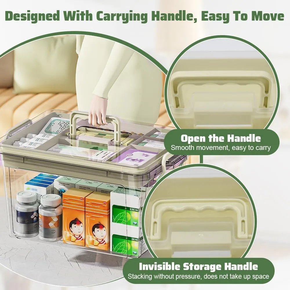 SKY-TOUCH Family Medicine Storage Box : Clear Plastic Storage Box with Tray Tool Organizer with Handle Multipurpose Storage Box for Medicine Toys Tools Office Supplies (37 * 26 * 20cm Beige)