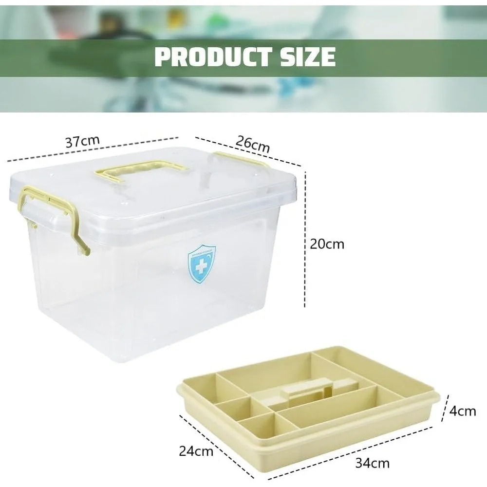 SKY-TOUCH Family Medicine Storage Box : Clear Plastic Storage Box with Tray Tool Organizer with Handle Multipurpose Storage Box for Medicine Toys Tools Office Supplies (37 * 26 * 20cm Beige)