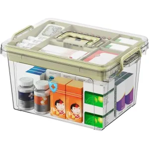 SKY-TOUCH Family Medicine Storage Box : Clear Plastic Storage Box with Tray Tool Organizer with Handle Multipurpose Storage Box for Medicine Toys Tools Office Supplies (37 * 26 * 20cm Beige)