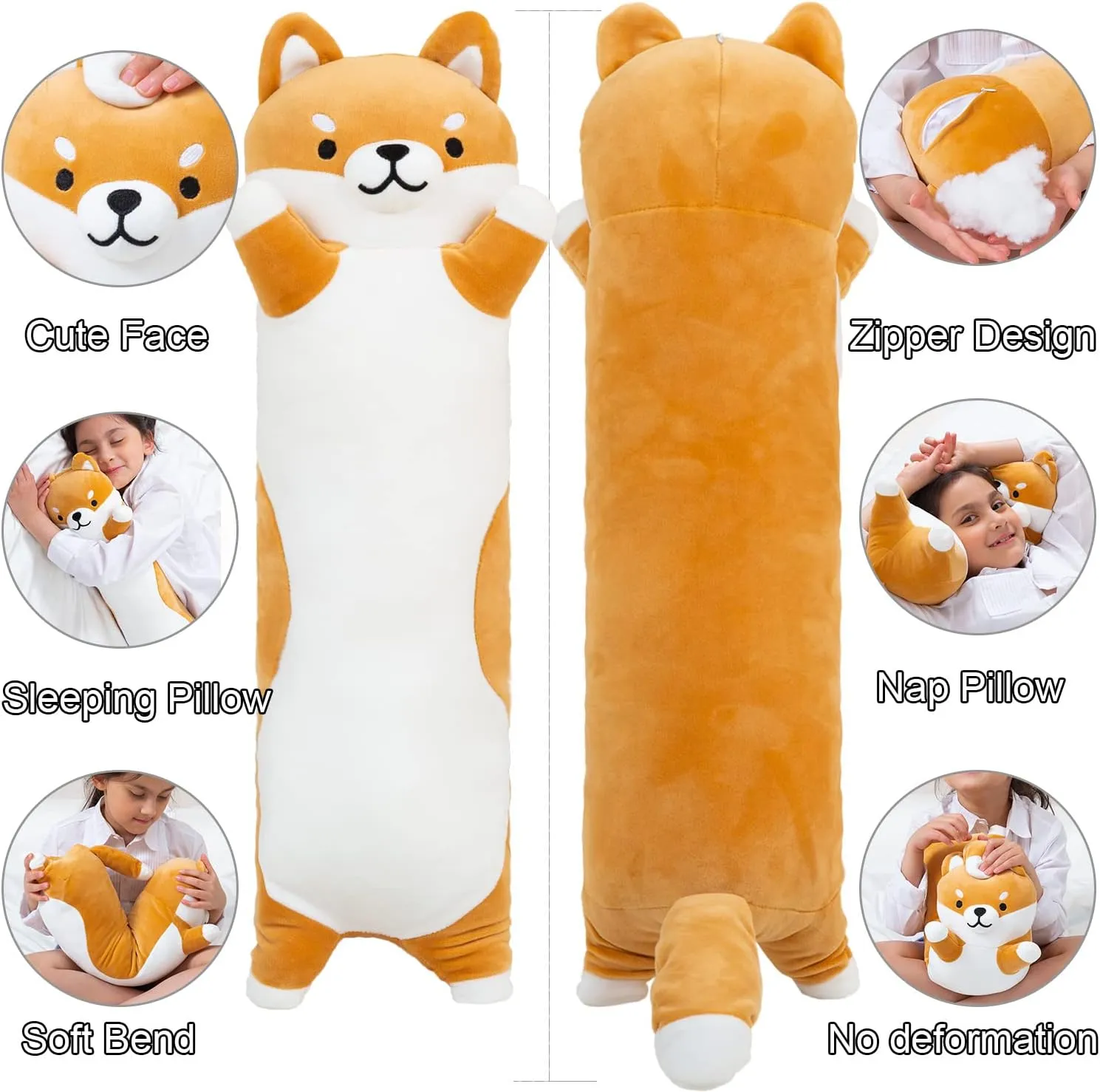 Soft Dog Hugging Pillow for Kids Birthday$Valentine$Christmas (Yellow$110cm/43.3inch) Long Shiba Inu sprout Plush Pillow Giant Stuffed Animals Dog Sleeping Pillow Corgi Plush Body Pillow Cartoon 