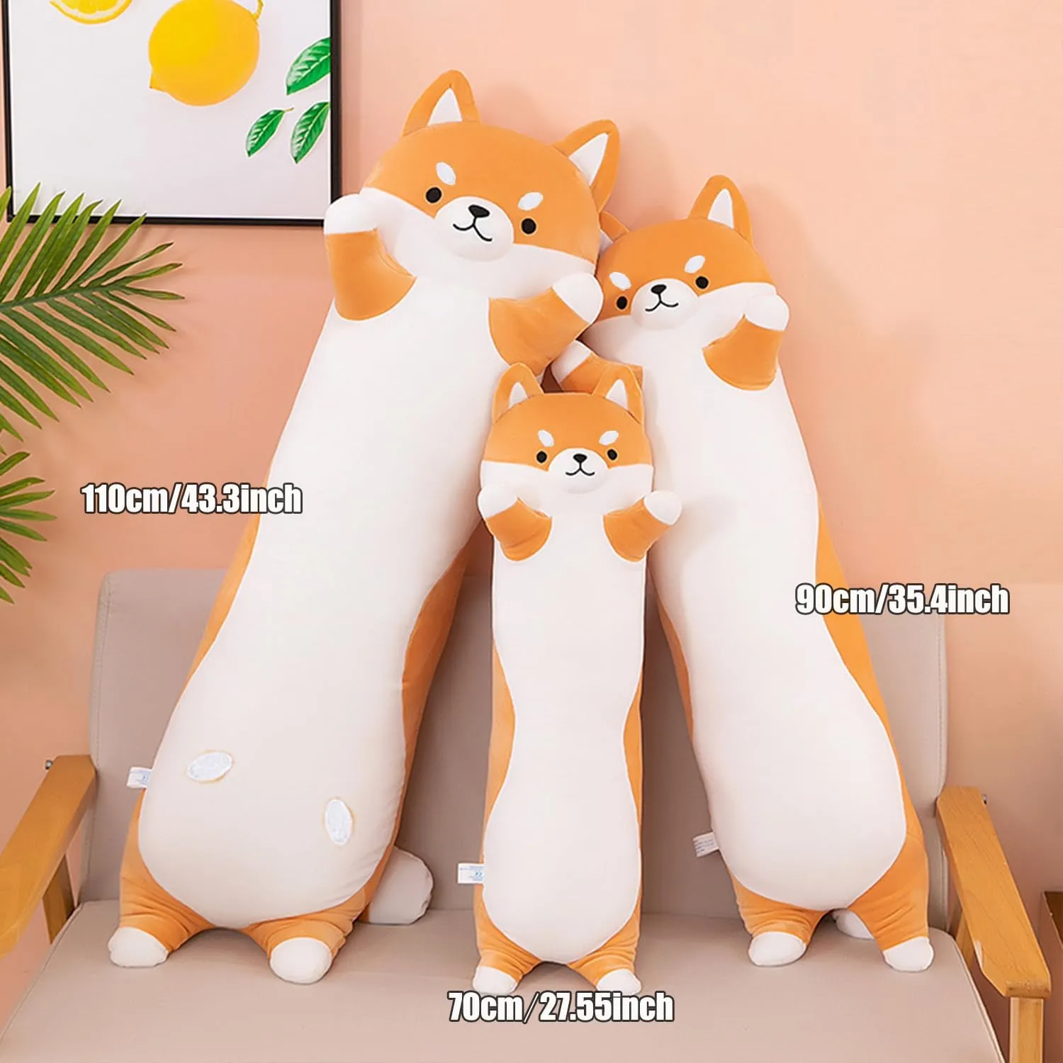 Soft Dog Hugging Pillow for Kids Birthday$Valentine$Christmas (Yellow$110cm/43.3inch) Long Shiba Inu sprout Plush Pillow Giant Stuffed Animals Dog Sleeping Pillow Corgi Plush Body Pillow Cartoon 