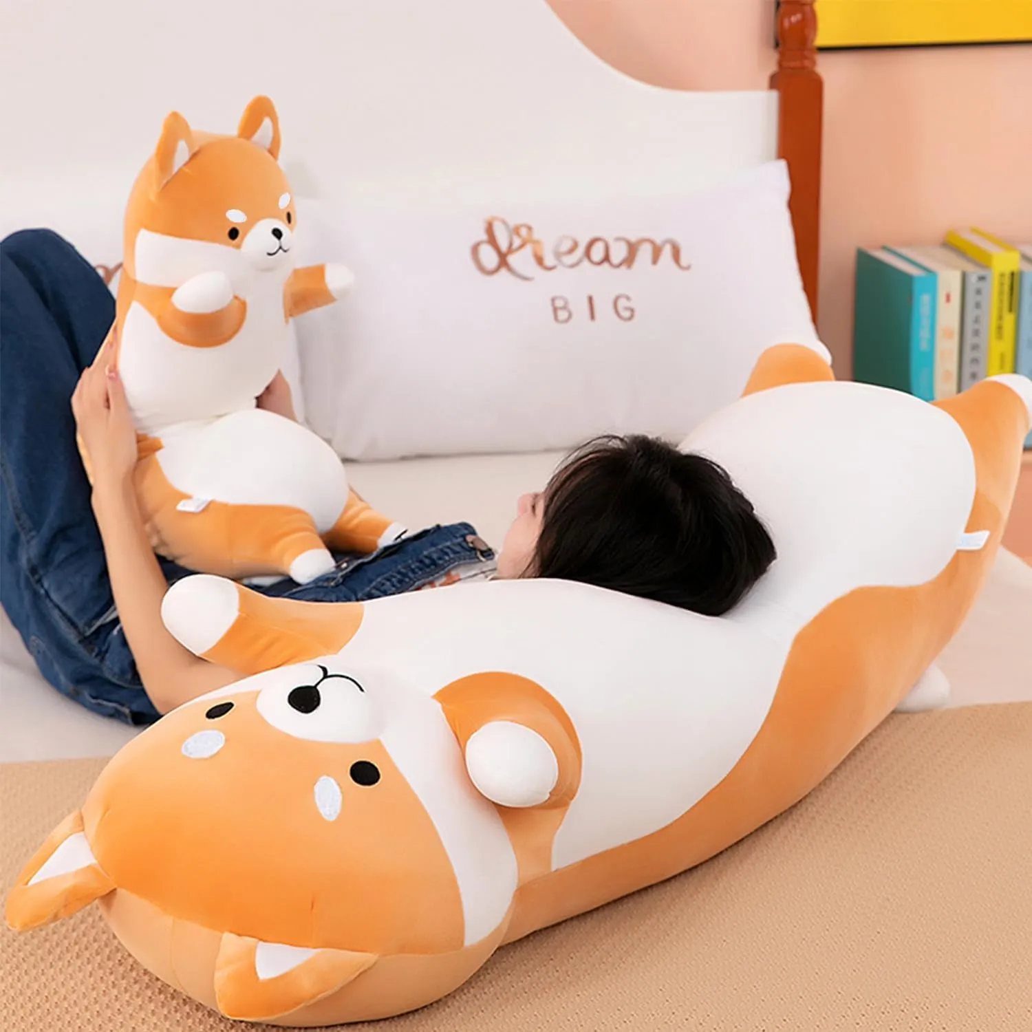 Soft Dog Hugging Pillow for Kids Birthday$Valentine$Christmas (Yellow$110cm/43.3inch) Long Shiba Inu sprout Plush Pillow Giant Stuffed Animals Dog Sleeping Pillow Corgi Plush Body Pillow Cartoon 