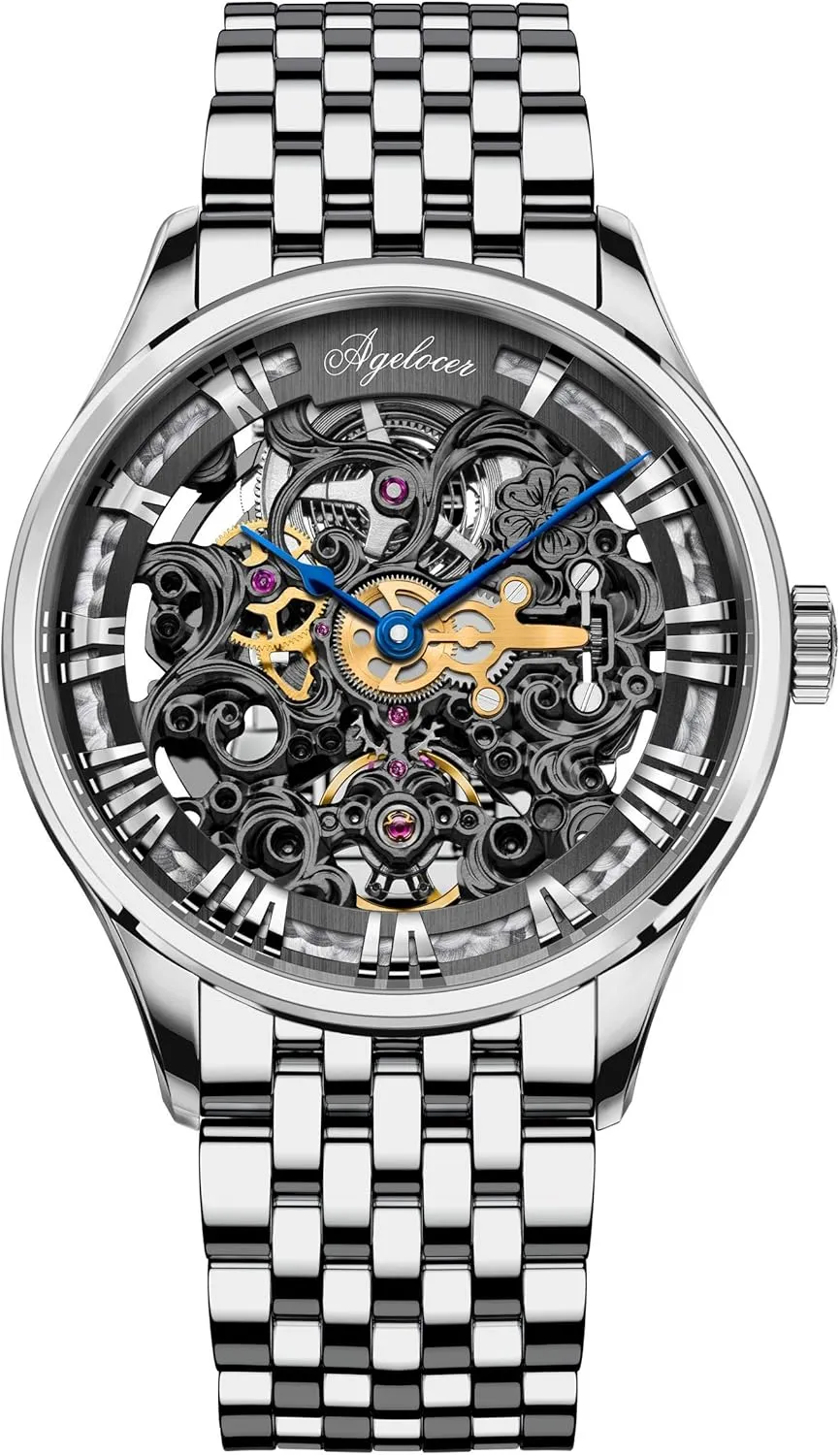 Stainless Steel Analog Watch AGELOCER Men's professional overcultivation romantically staple Top Brand Skeleton Fashion Mechanical Automatic Luxury 