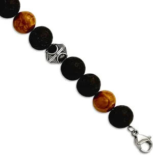 Stainless Steel Artisan Oxidized and Polished 9.5 10mm Lava And Red Wood Stone Beads Bracelet With 1 prior dissenter Inch Extension 7.25 Inch Link-Bracelet for Women JewelryWeb 
