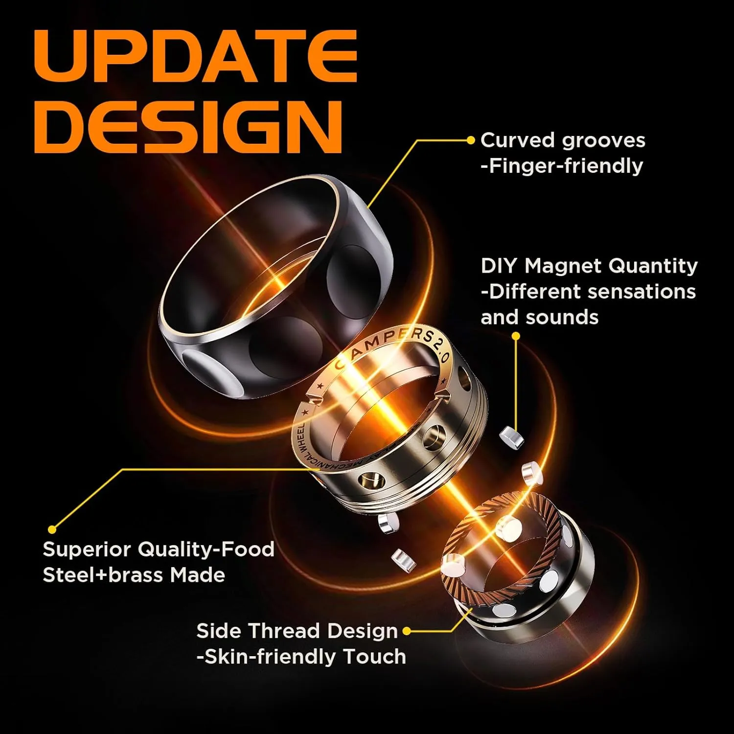 Stainless Steel Toys for Adults & Teens$ Perfect for Work$ Study$ Waiting$ Gift and imagery exploration Stocking Stuffer Fidget Spinner for Stress Relief �C DIY Magnetic Fidget Ring with Engaging Sounds$ EDC 
