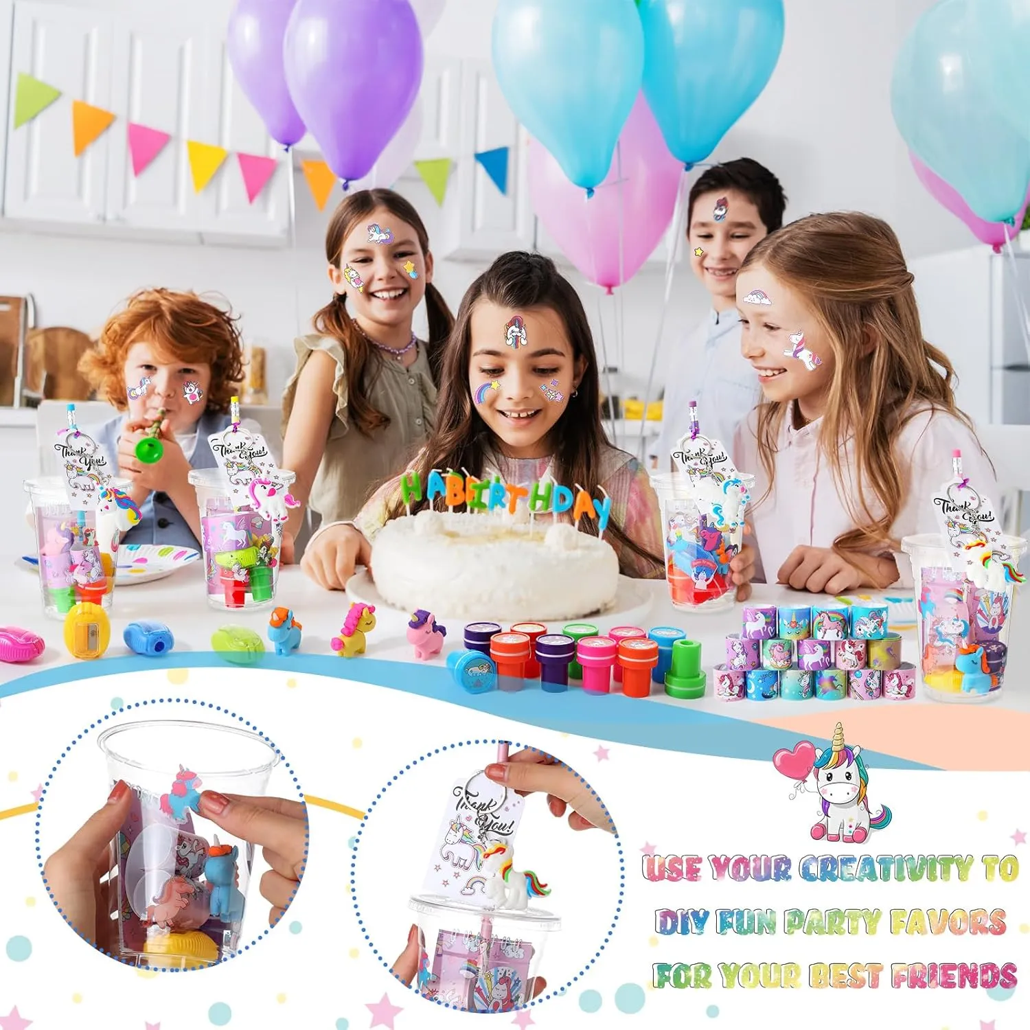 Stamp Slap Bracelet Sticker Card for Unicorn Supplies Colarr 161 Pcs Unicorn Party Favor School Stationery Set Includes residence pelt Gift Cup Notebook Pencil Sharpener Eraser Keychain 