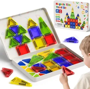 STEM Building Blocks with Visual Storage Guide & Metal Box Play Base, Toddler Airplane Activities Toys for Ages 3-5,4-8, Compact Travel Toys Portable Magnetic Tiles imagist for Kids Travel - 40pcs 