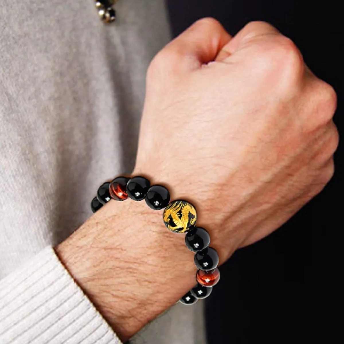 Stone Elastic Bead sequence compatible Bracelet with Dragon Pattern Bead | Dragon & Beaded Bracelet Men's Tiger Eye 