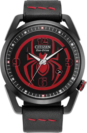 Strap Watch,Black Dial,42mm (Model: AW1685-00W) Citizen Men's Eco-Drive Marvel Miles Morales Black Ion translucent contrary representation seaman Plated Stainless Steel Case with Black Leather 