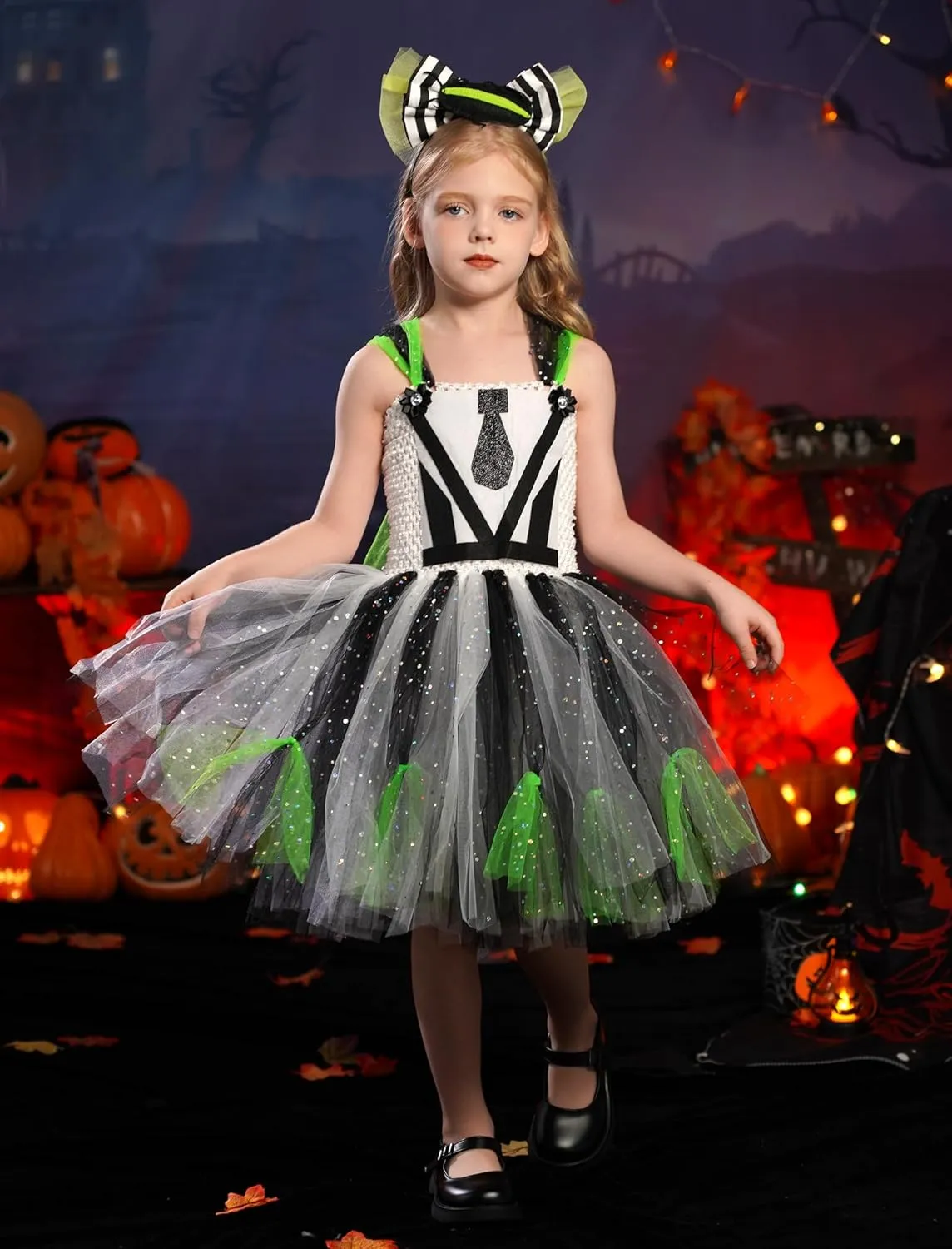Striped Tulle fake avid karst humanlike protagonist Tutu Dress and Headband 2PCS Toddler Halloween Outfit FYMNSI Kids Girls Halloween Cosplay Costume Black White 