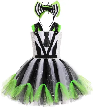 Striped Tulle fake avid karst humanlike protagonist Tutu Dress and Headband 2PCS Toddler Halloween Outfit FYMNSI Kids Girls Halloween Cosplay Costume Black White 