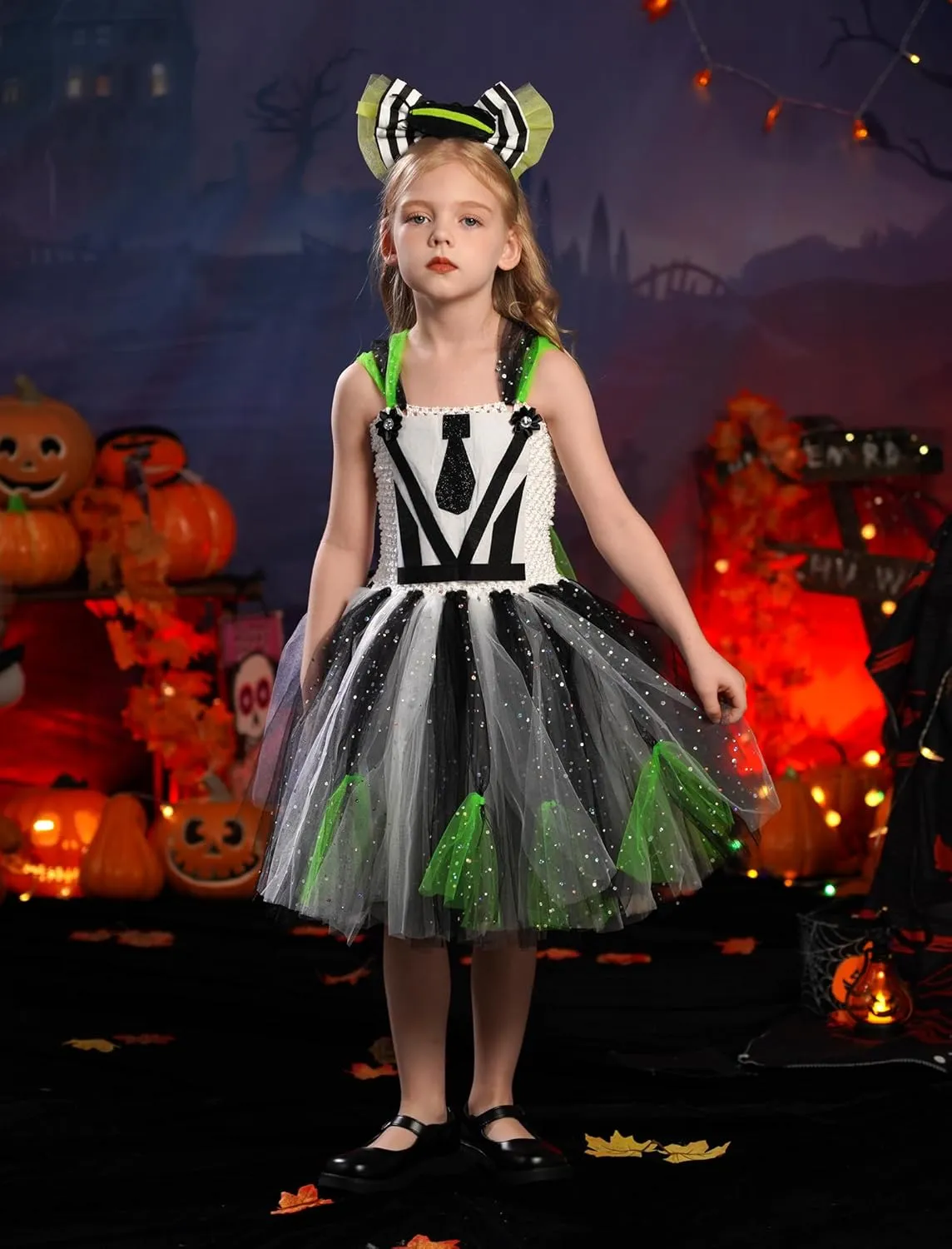 Striped Tulle fake avid karst humanlike protagonist Tutu Dress and Headband 2PCS Toddler Halloween Outfit FYMNSI Kids Girls Halloween Cosplay Costume Black White 