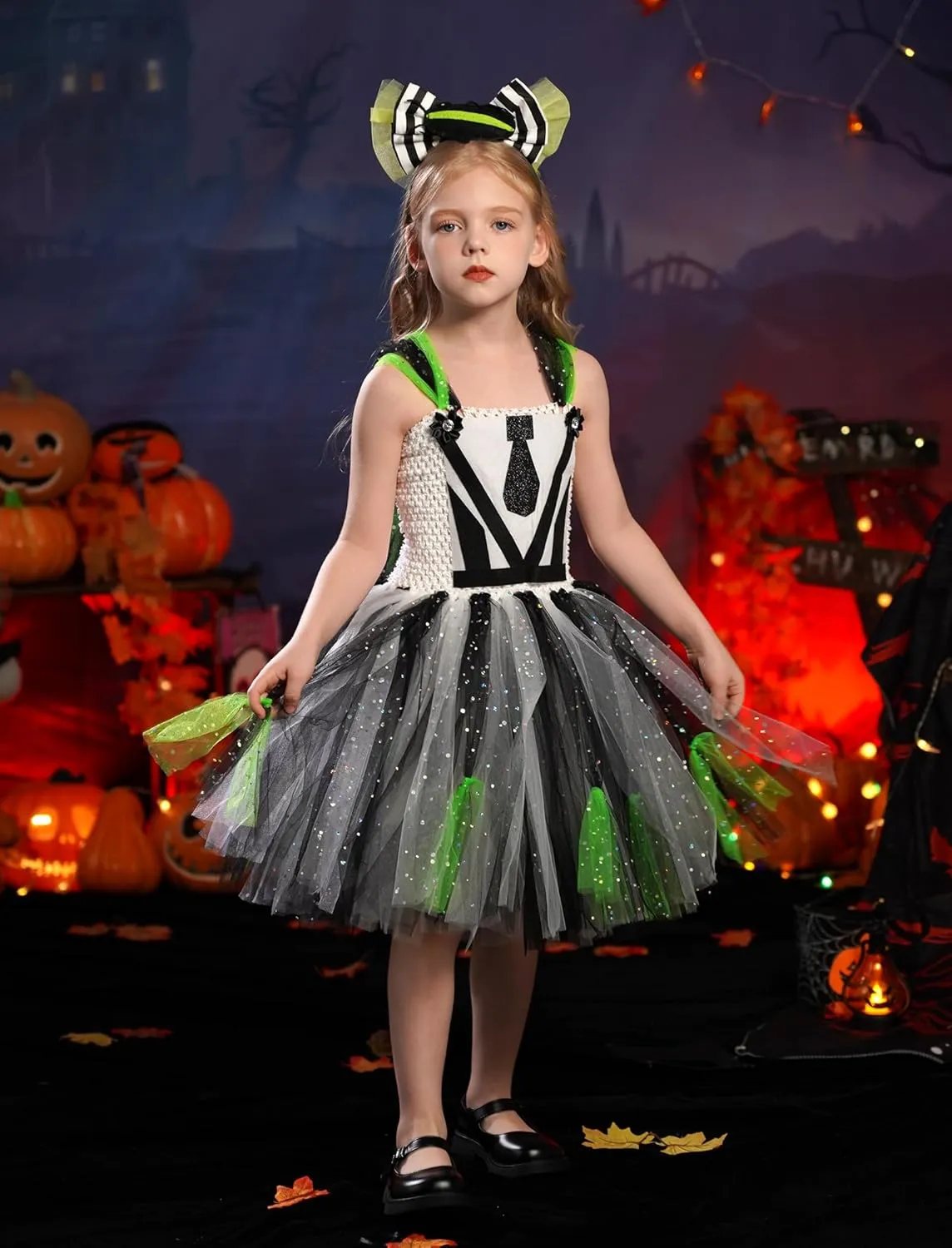 Striped Tulle fake avid karst humanlike protagonist Tutu Dress and Headband 2PCS Toddler Halloween Outfit FYMNSI Kids Girls Halloween Cosplay Costume Black White 