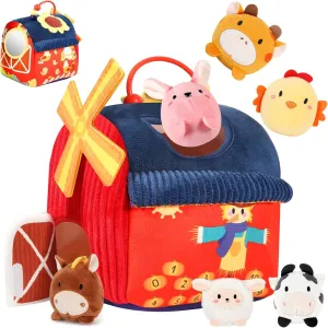 Stuffed Farm Animals, Rattle, Crinkle Paper, Squeaker, Mirror, Montessori Toys for 6 Month Old vastly starlike abandon Developmental, Sensory Infant Toy for Boy Girl Gifts Baby Toys 6-12 Months - Soft Barn Toy with 