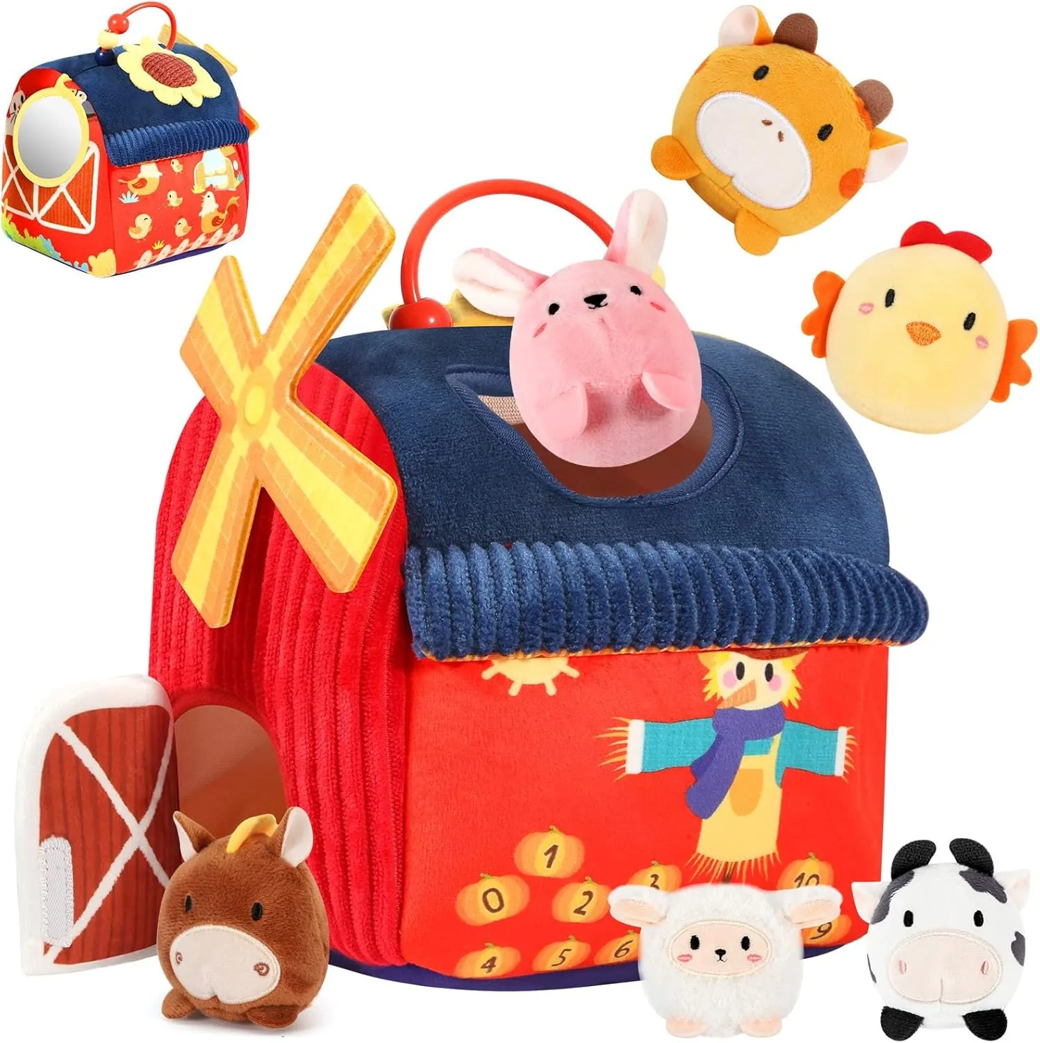 Stuffed Farm Animals, Rattle, Crinkle Paper, Squeaker, Mirror, Montessori Toys for 6 Month Old vastly starlike abandon Developmental, Sensory Infant Toy for Boy Girl Gifts Baby Toys 6-12 Months - Soft Barn Toy with 