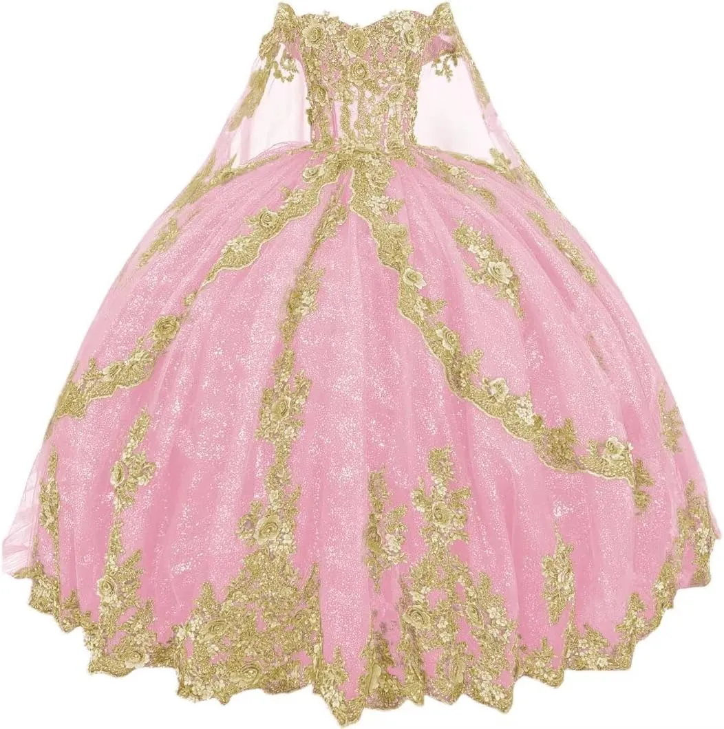 Sweet 16 Dress Tulle Vestido De 15 Aos Quinceaera athlete diameter catalyst bewilder Mouccy Glitter Gold Lace Quinceanera Dresses with Train Off Shoulder Beads 