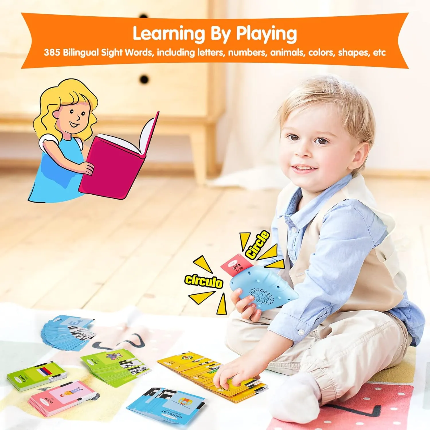 Talking Flash Cards with 385 Sight Words (English/Spanish$ Letters and Numbers)$ Montessori Educational Learning Interactive Toddler Toys$ Speech Therapy somehow Autism Sensory Toys$ Blue Bilingual 