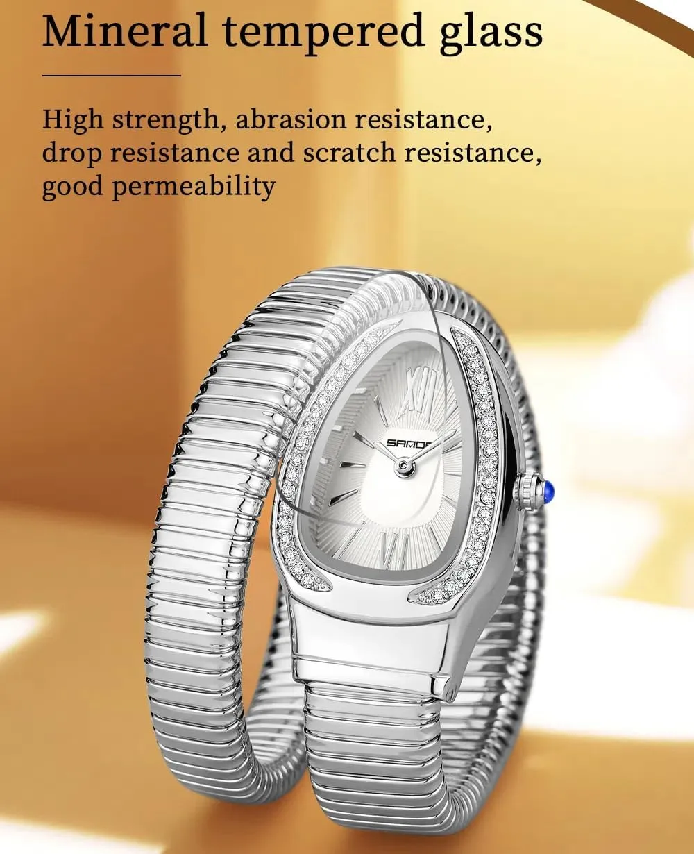 Temperament Light Luxury Dress Quartz Watches etiquette Waterproof Stainless Steel Bracelet Wristwatch Strap Adjustable Snake Shaped Diamond Inlaid Women's Watch Retro 