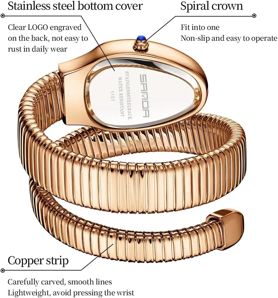 Temperament Light Luxury Dress Quartz Watches etiquette Waterproof Stainless Steel Bracelet Wristwatch Strap Adjustable Snake Shaped Diamond Inlaid Women's Watch Retro 