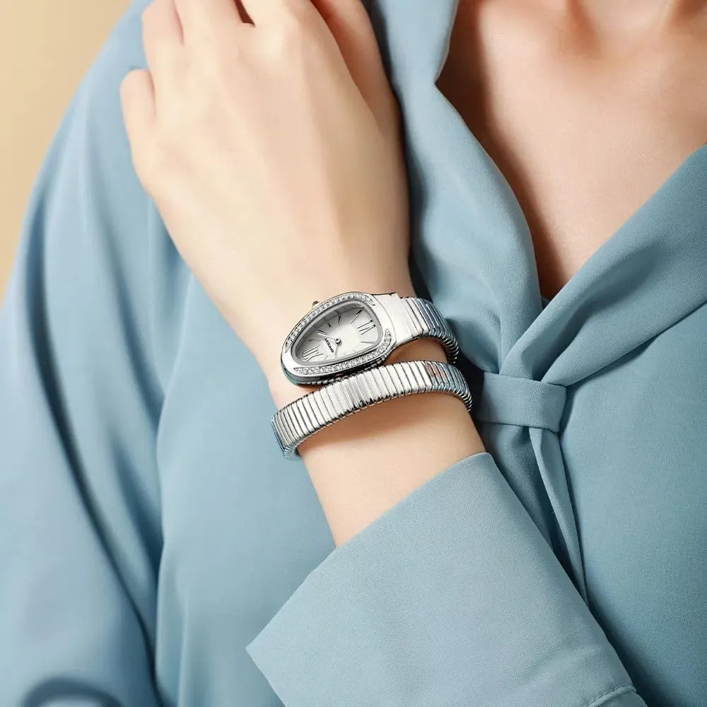 Temperament Light Luxury Dress Quartz Watches etiquette Waterproof Stainless Steel Bracelet Wristwatch Strap Adjustable Snake Shaped Diamond Inlaid Women's Watch Retro 