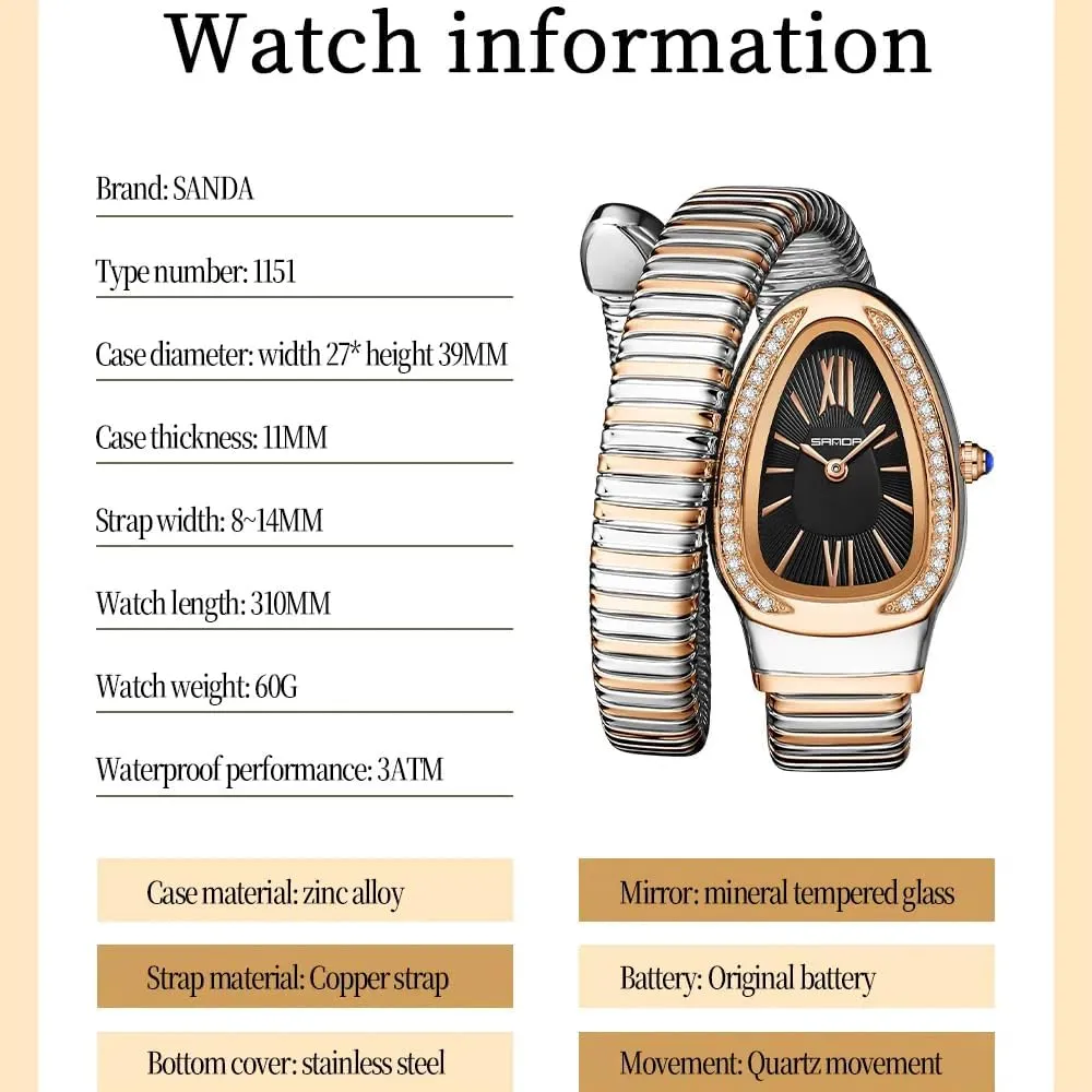 Temperament Light Luxury Dress Quartz Watches etiquette Waterproof Stainless Steel Bracelet Wristwatch Strap Adjustable Snake Shaped Diamond Inlaid Women's Watch Retro 
