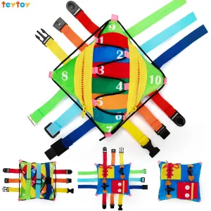 teytoy Sensory Buckle Pillow Toys Activity for Children Learning Fine Motor Skill and Problem Solving Buckles Educational Travel Toy, Plush Threading Counting and Zipper (12 Basic Skill)