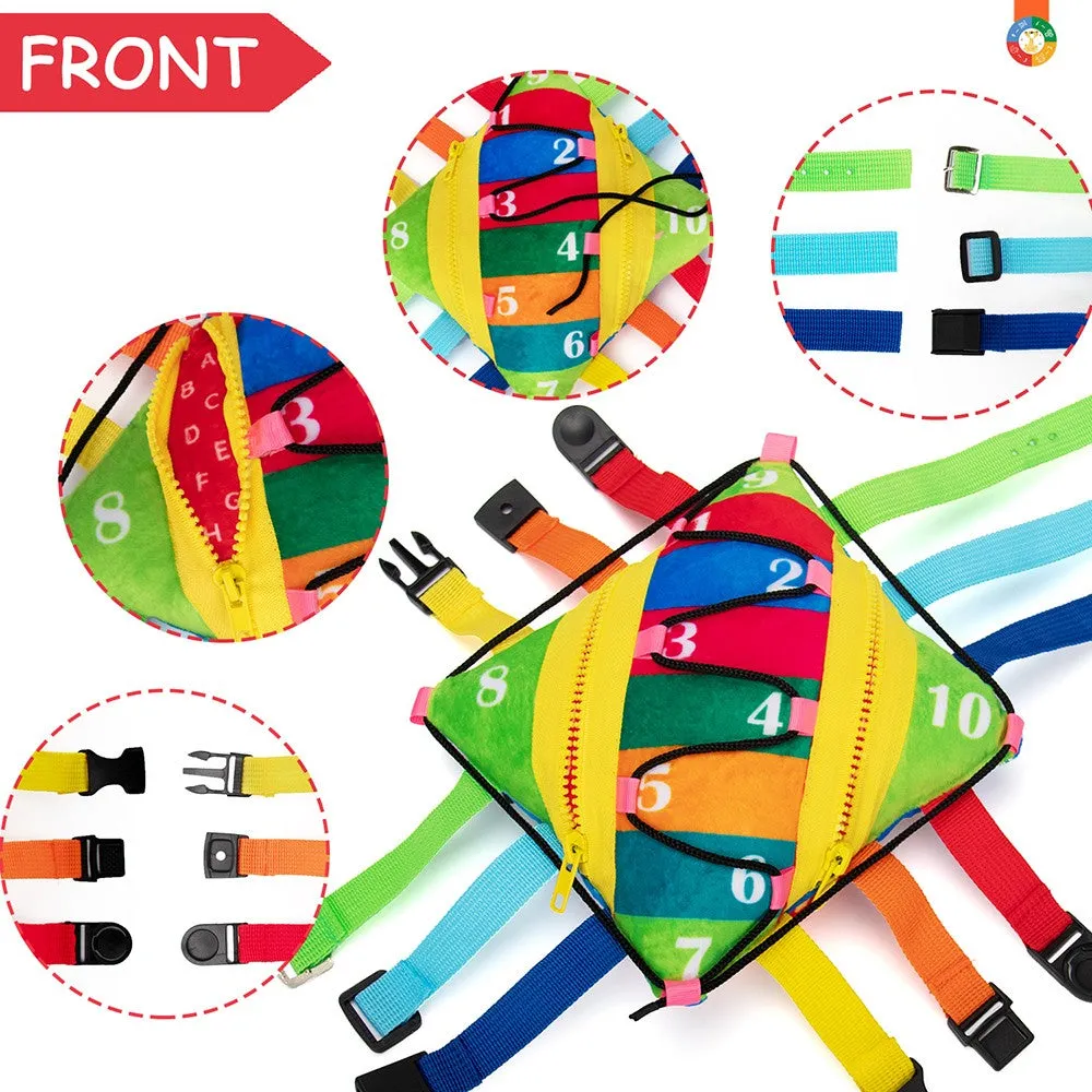 teytoy Sensory Buckle Pillow Toys Activity for Children Learning Fine Motor Skill and Problem Solving Buckles Educational Travel Toy, Plush Threading Counting and Zipper (12 Basic Skill)