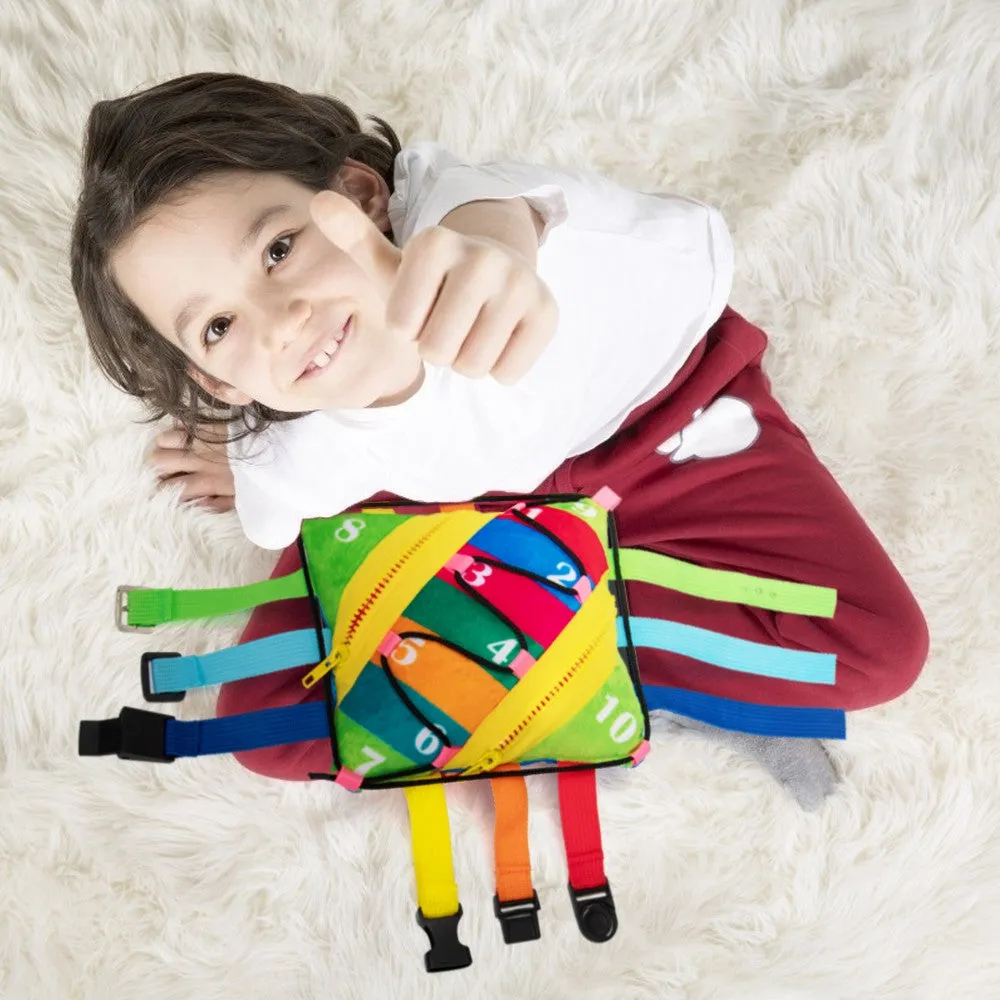 teytoy Sensory Buckle Pillow Toys Activity for Children Learning Fine Motor Skill and Problem Solving Buckles Educational Travel Toy, Plush Threading Counting and Zipper (12 Basic Skill)