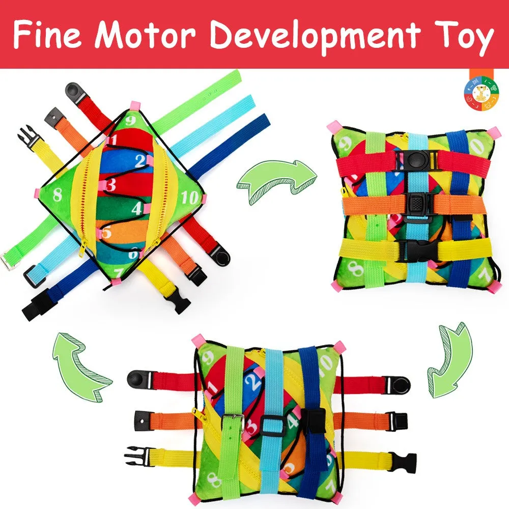 teytoy Sensory Buckle Pillow Toys Activity for Children Learning Fine Motor Skill and Problem Solving Buckles Educational Travel Toy, Plush Threading Counting and Zipper (12 Basic Skill)