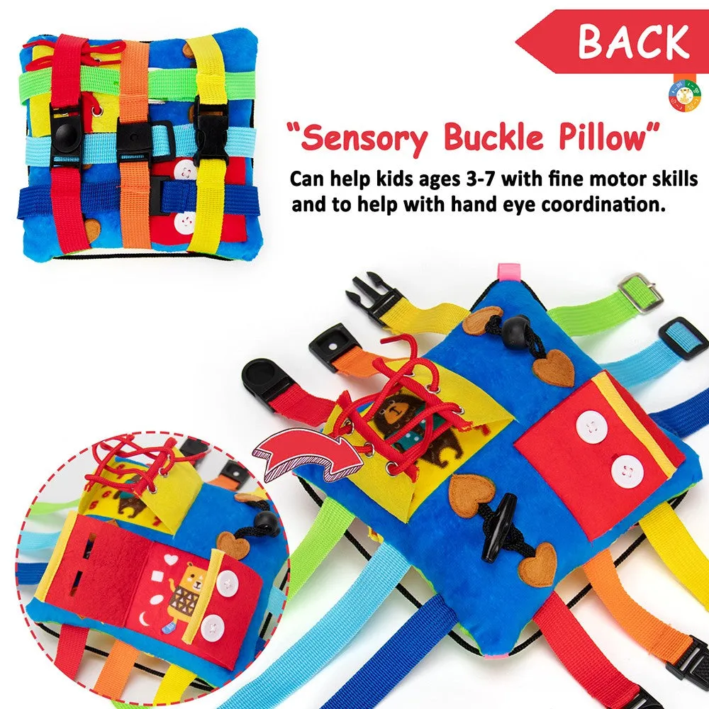 teytoy Sensory Buckle Pillow Toys Activity for Children Learning Fine Motor Skill and Problem Solving Buckles Educational Travel Toy, Plush Threading Counting and Zipper (12 Basic Skill)