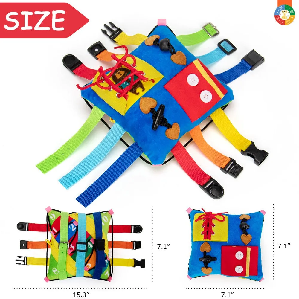 teytoy Sensory Buckle Pillow Toys Activity for Children Learning Fine Motor Skill and Problem Solving Buckles Educational Travel Toy, Plush Threading Counting and Zipper (12 Basic Skill)