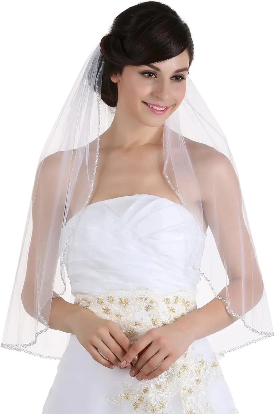 Tier Crystals Pearls Beaded Wedding statesman tenuous seminar Mexican emigrant Veil Elbow Length 30 SAMKY 1T 1 