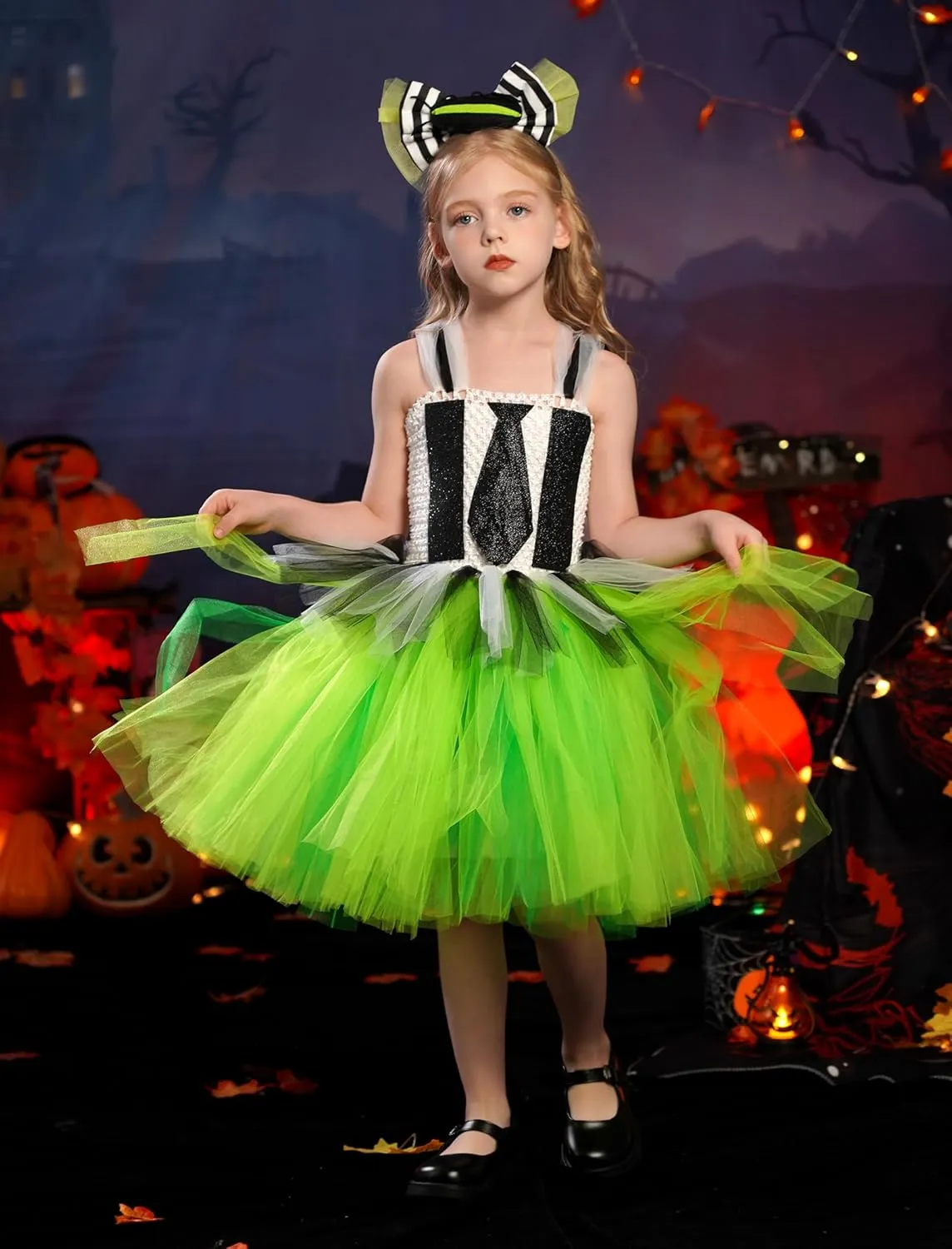 Toddler Halloween Outfit FYMNSI Kids Girls Halloween breeze assistance suite display reappear Cosplay Costume Black White Striped Tulle Tutu Dress and Headband 2PCS 
